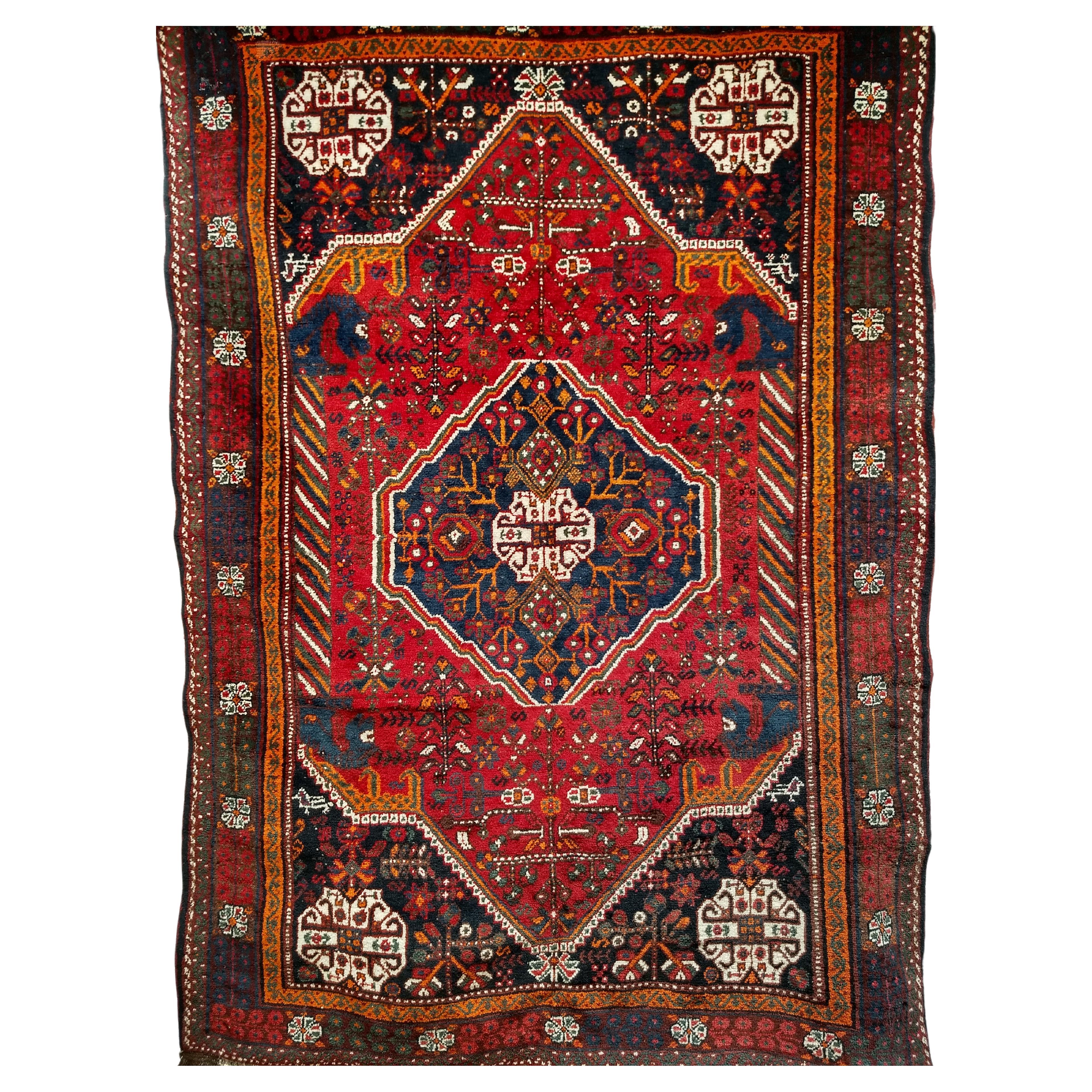 Vintage Persian Qashqai Tribal Rug in Red, Blue, Ivory, Green, Brown