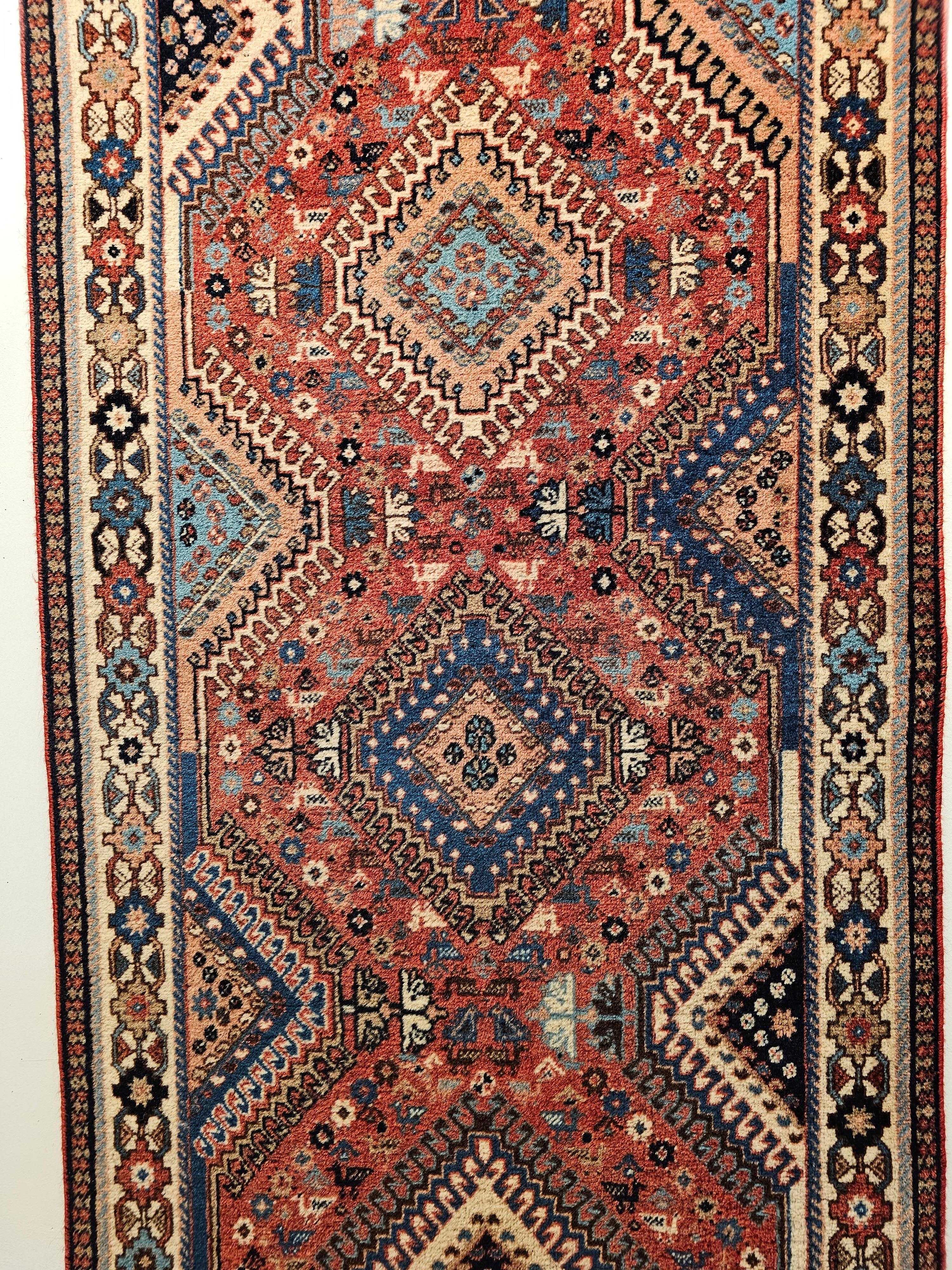 Tribal Vintage Persian Shiraz Yalameh Runner in Allover Geometric Pattern in Red, Ivory For Sale