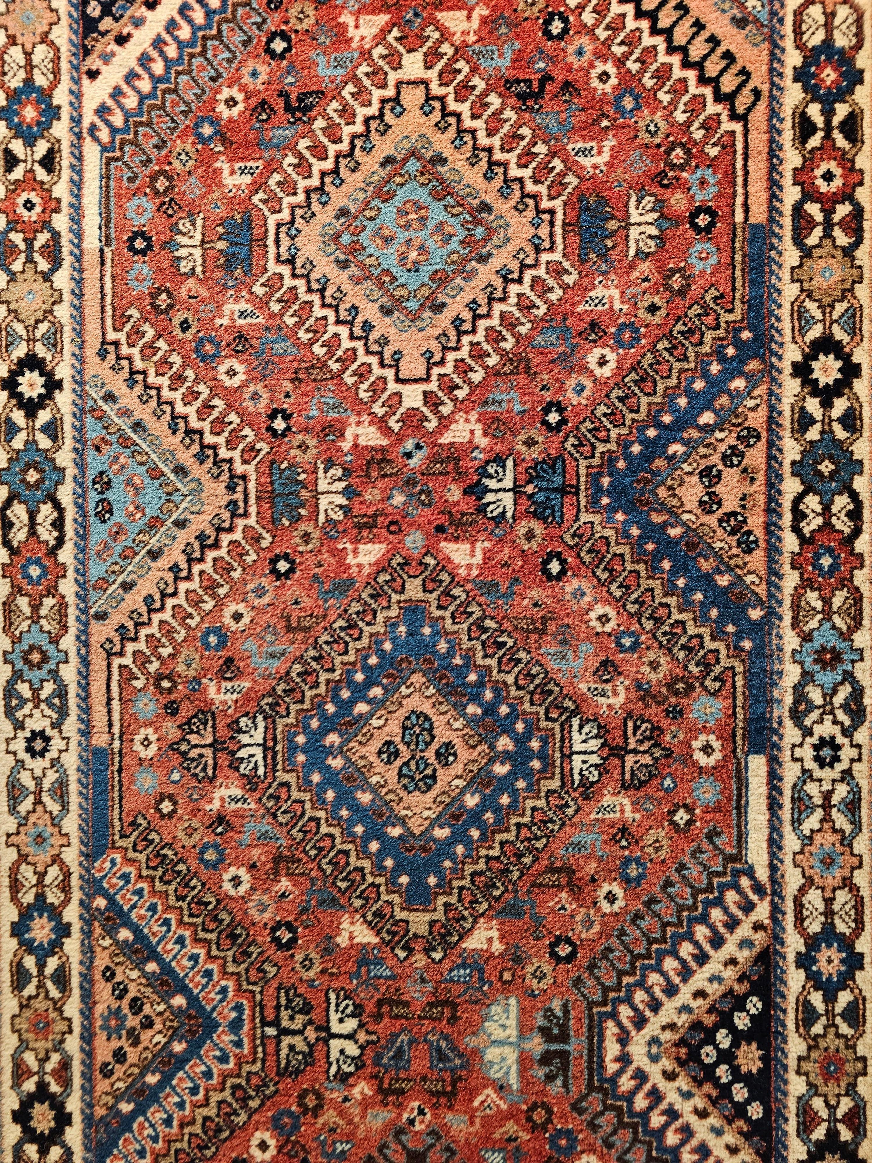 Vintage Persian Shiraz Yalameh Runner in Allover Geometric Pattern in Red, Ivory In Good Condition For Sale In Barrington, IL
