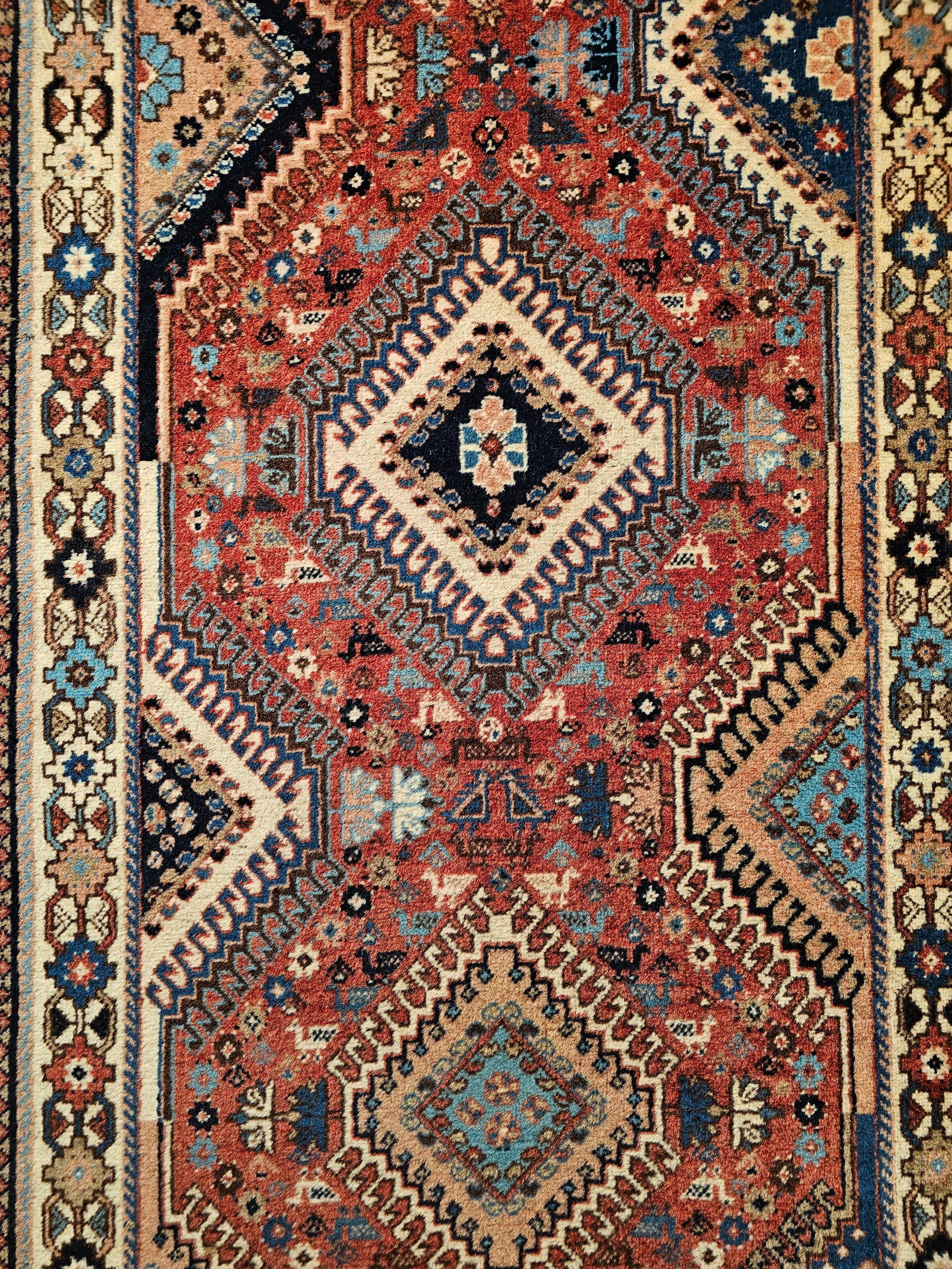 20th Century Vintage Persian Shiraz Yalameh Runner in Allover Geometric Pattern in Red, Ivory For Sale