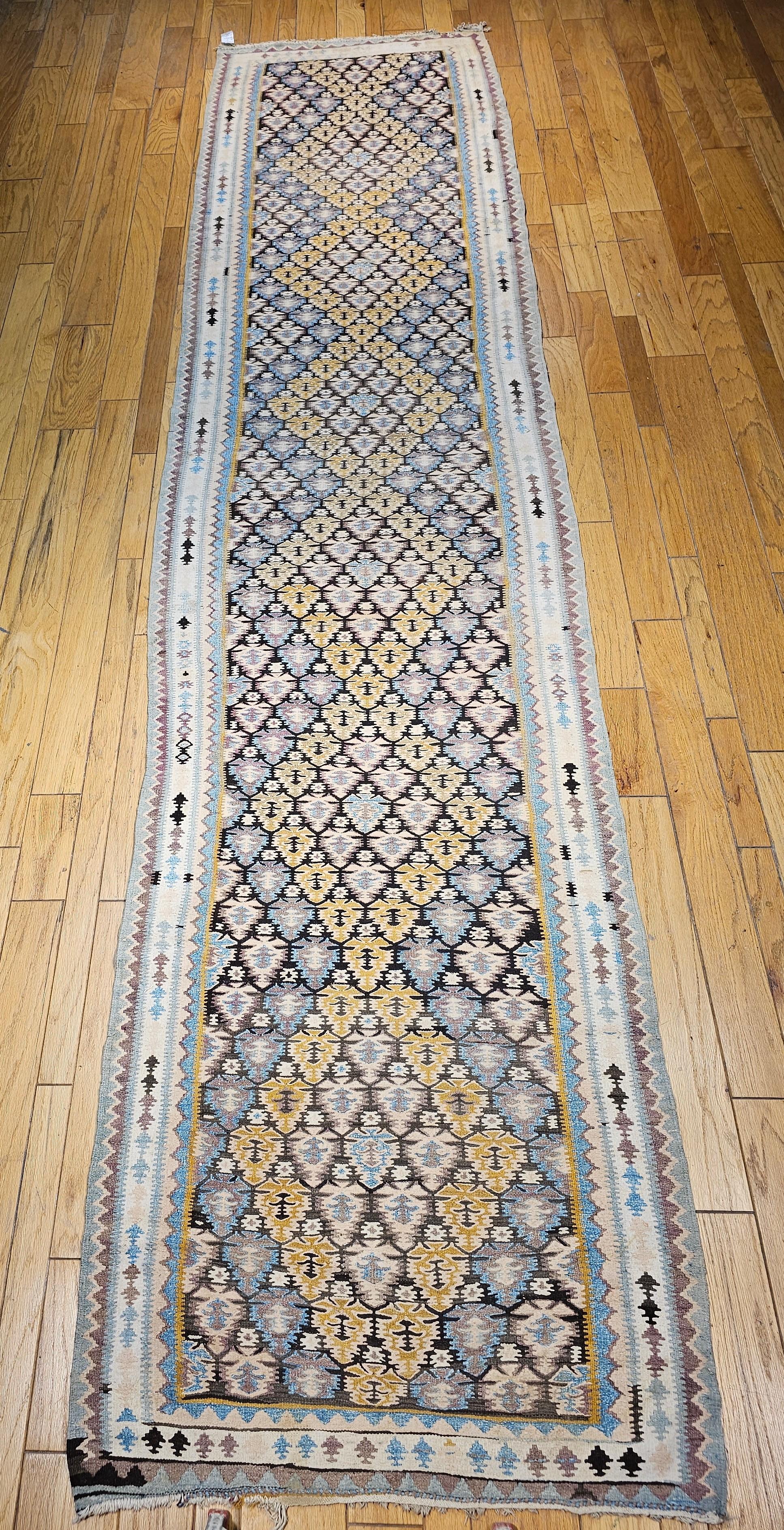 Vintage Persian Qazvin Kilim Long Runner in Brown, Blue, Green, Yellow, Ivory For Sale 11