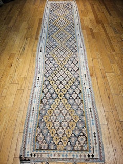 Vintage Persian Qazvin Kilim Long Runner in Ivory, Blue