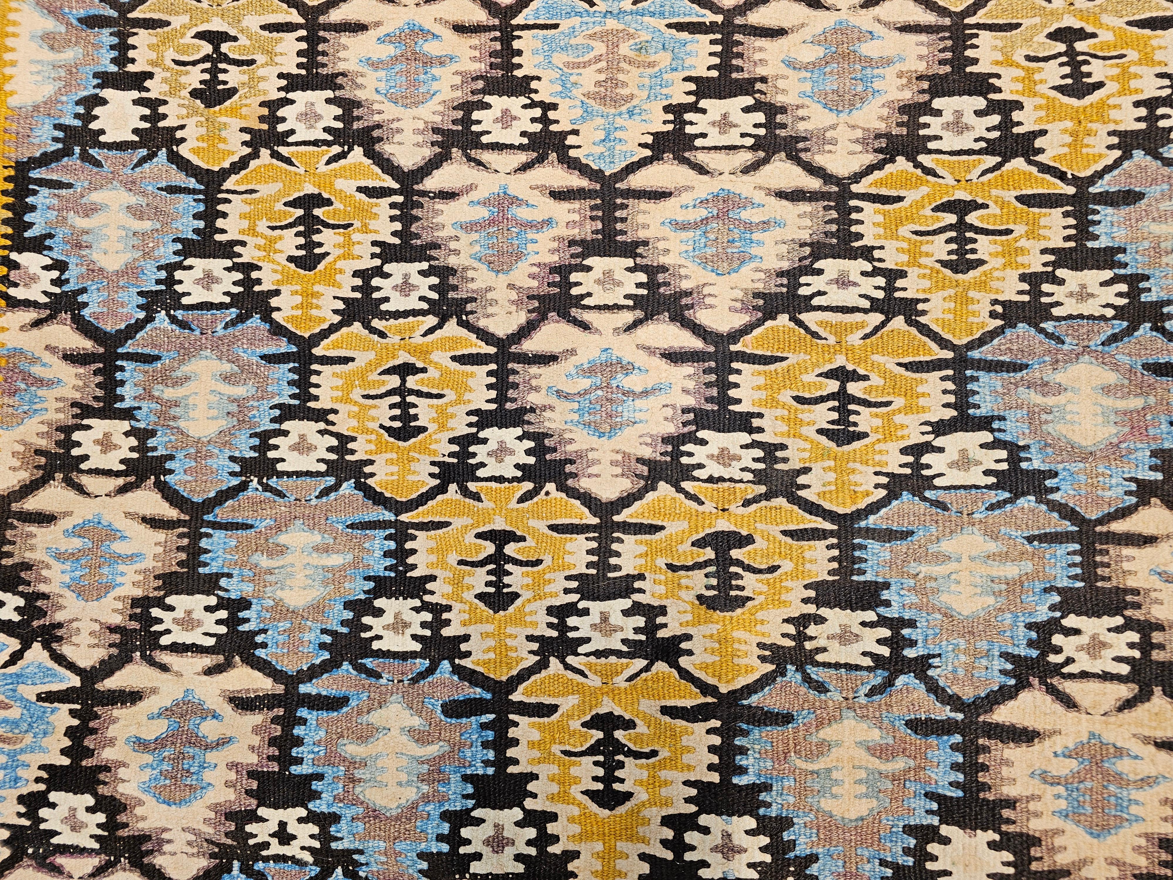 Vintage Persian Qazvin Kilim Long Runner in Brown, Blue, Green, Yellow, Ivory In Good Condition For Sale In Barrington, IL