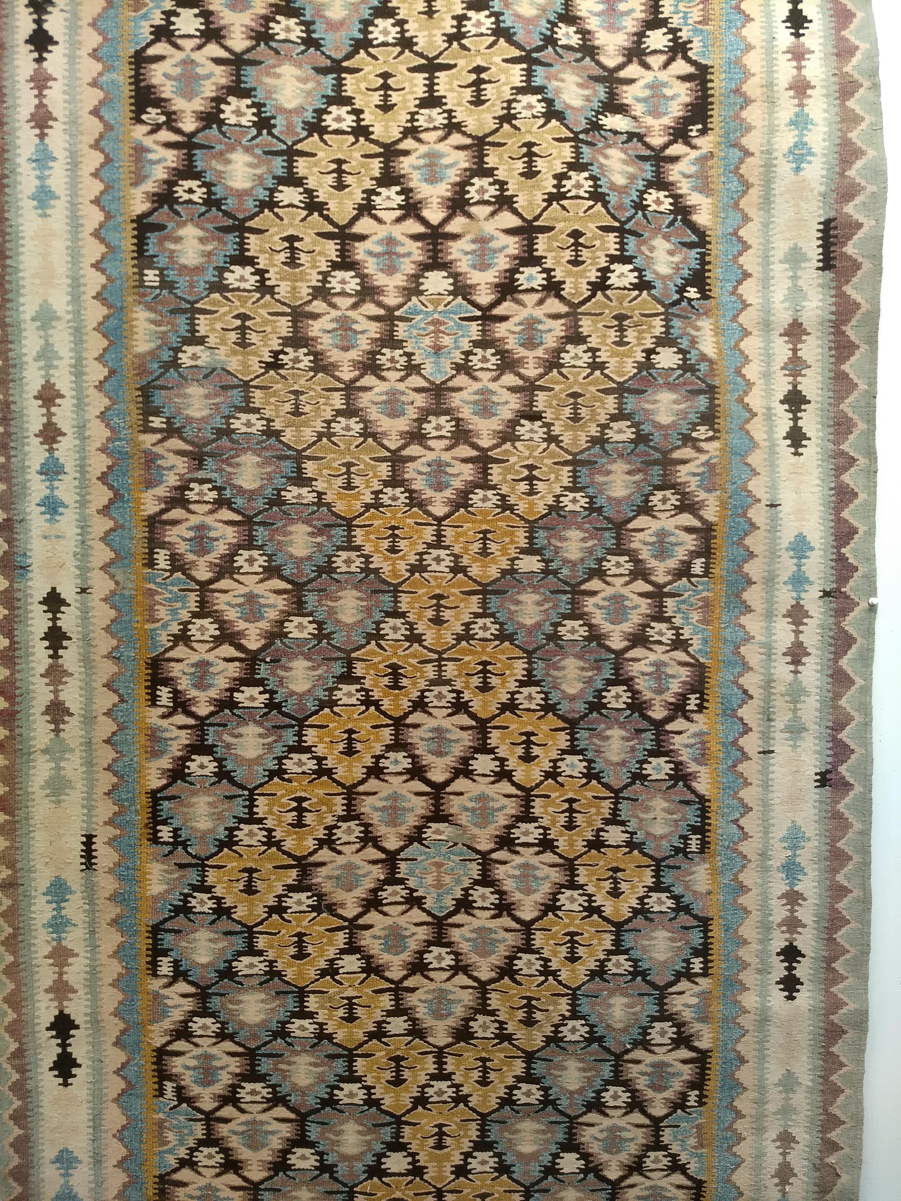20th Century Vintage Persian Qazvin Kilim Long Runner in Brown, Blue, Green, Yellow, Ivory For Sale