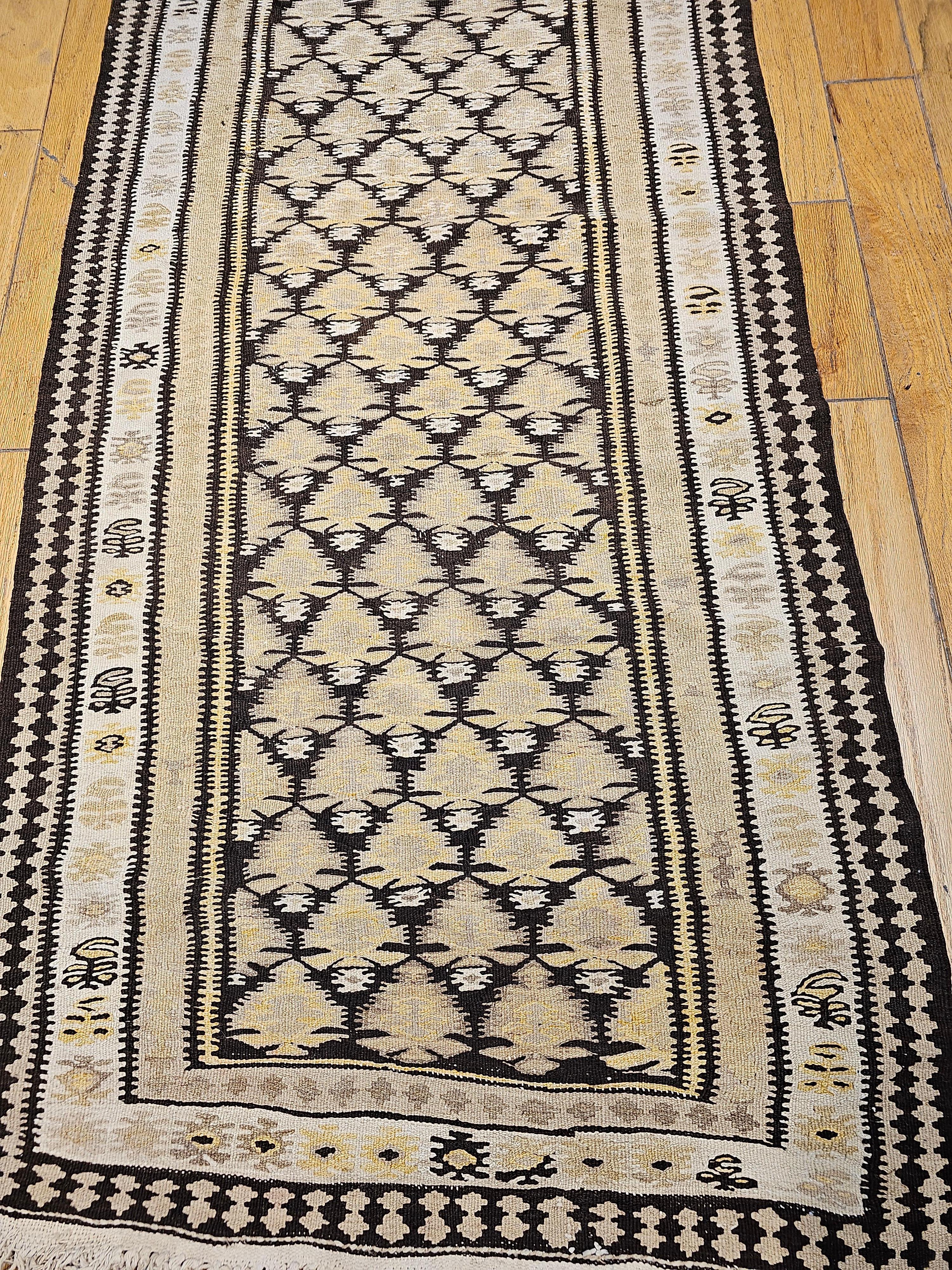 Vegetable Dyed Vintage Persian Qazvin Kilim Runner in Pale Yellow, Brown, Ivory For Sale