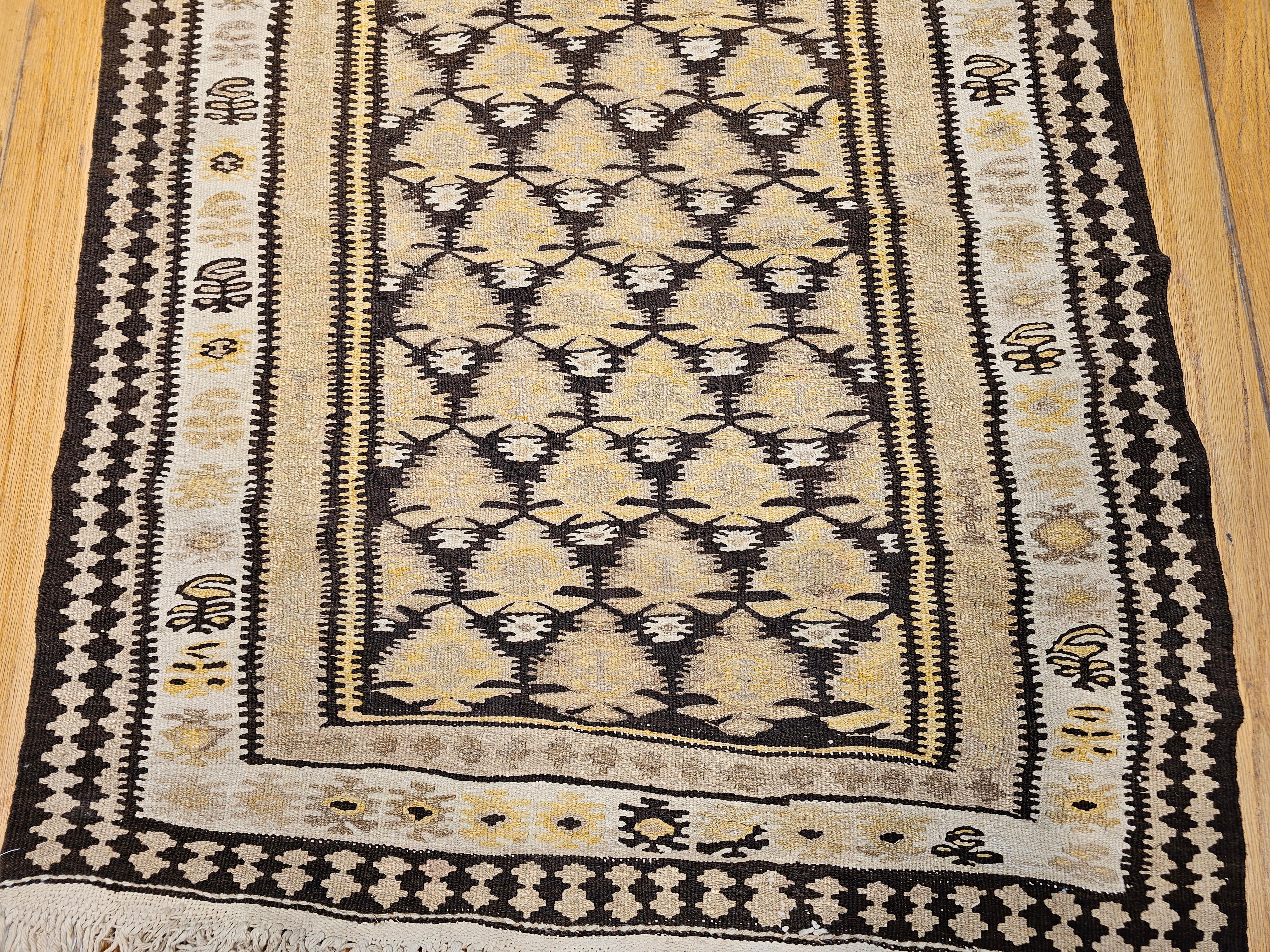Vintage Persian Qazvin Kilim Runner in Pale Yellow, Brown, Ivory In Good Condition For Sale In Barrington, IL