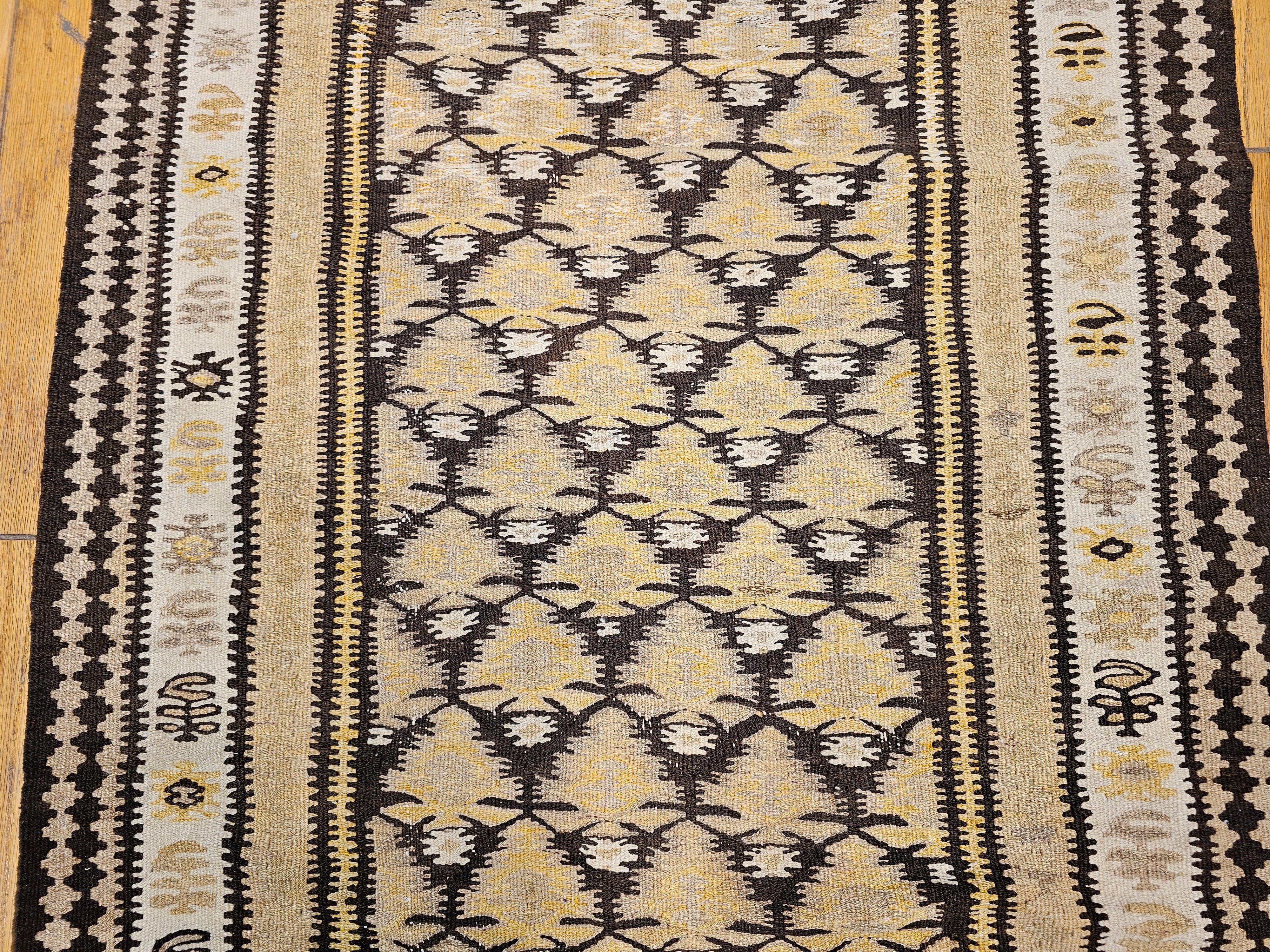 20th Century Vintage Persian Qazvin Kilim Runner in Pale Yellow, Brown, Ivory For Sale