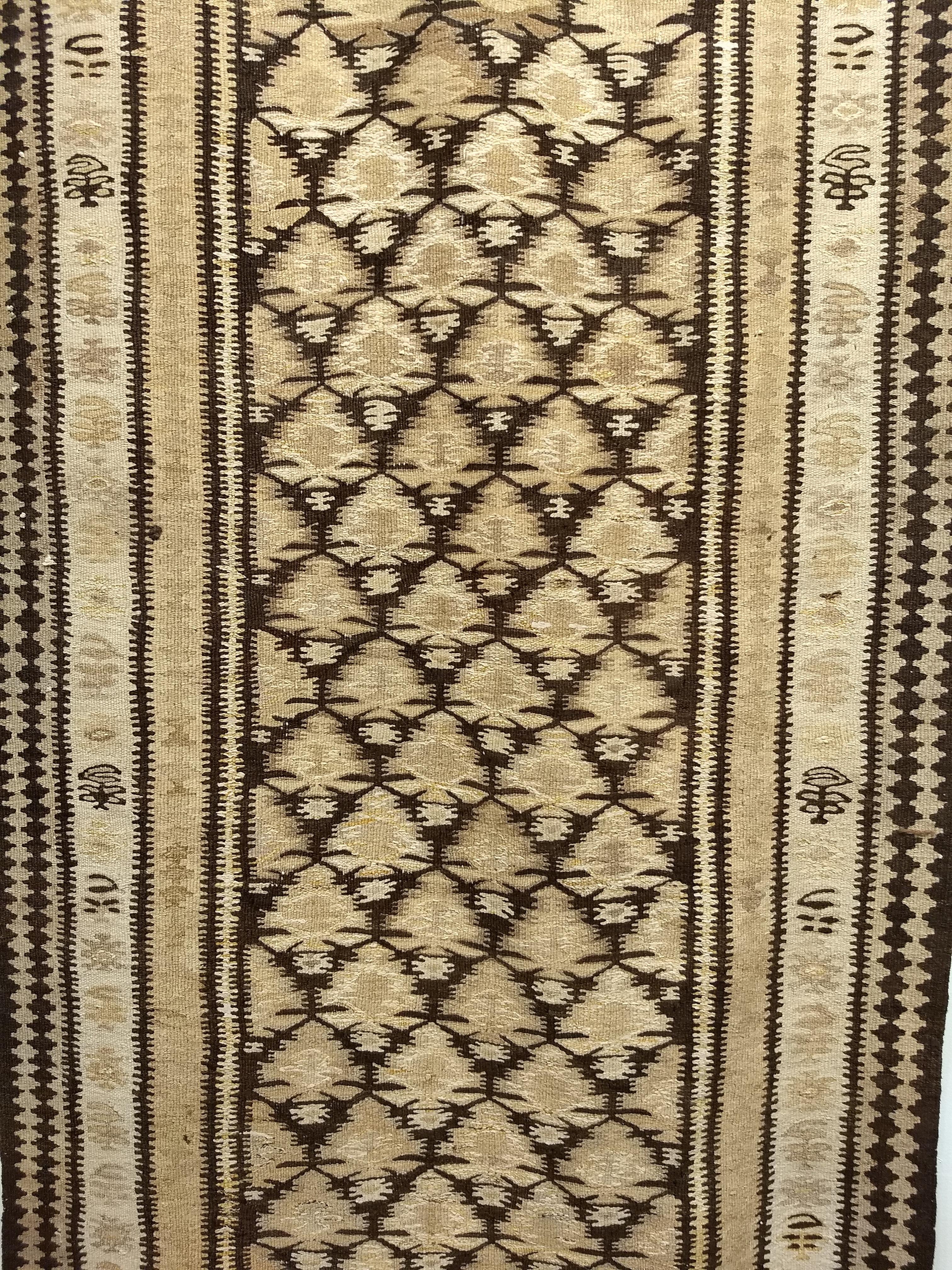 Vintage Persian Qazvin Kilim Runner in Pale Yellow, Brown, Ivory For Sale 1