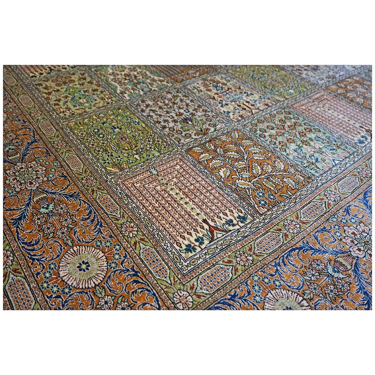 Vintage Persian Qum All-Silk 6x9 Orange, Ivory, & Blue Handmade Area Rug For Sale 2
