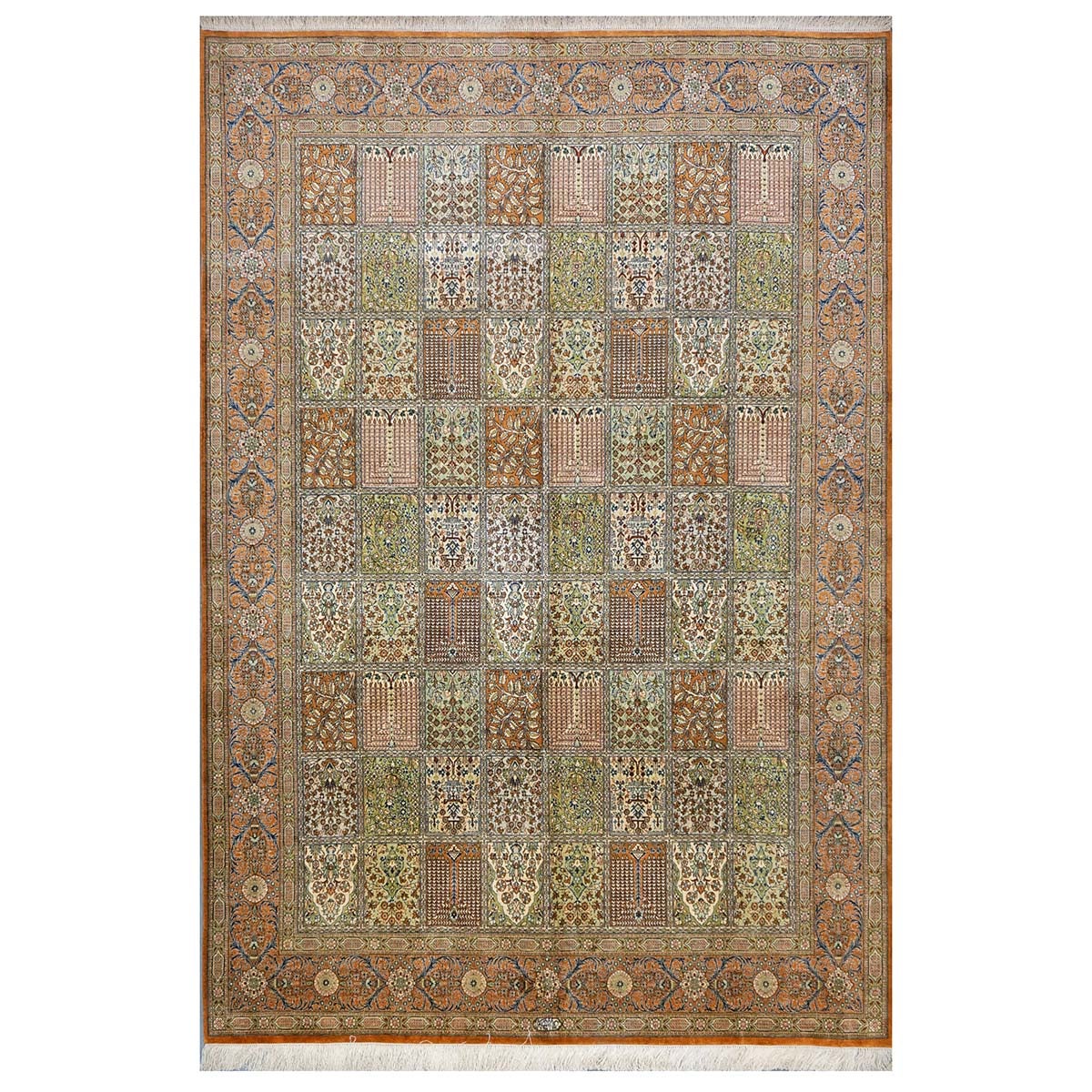Persischer Qum-Teppich aus Seide, 6x9 in Orange, Elfenbein und Blau, handgefertigt