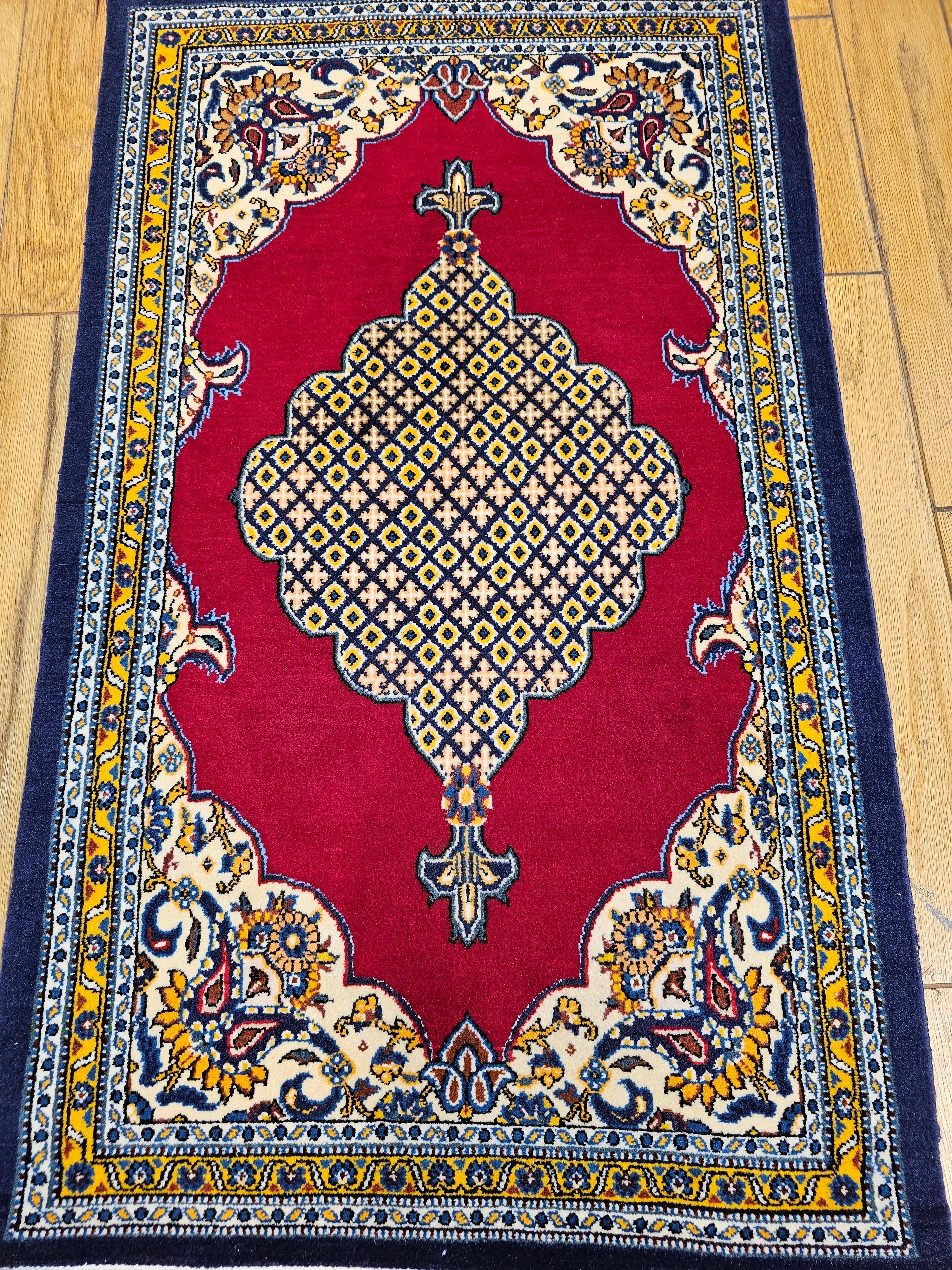 Vintage Persian Qum Area Rug in a Geometric Pattern in Red, Navy, Ivory, Yellow For Sale 9