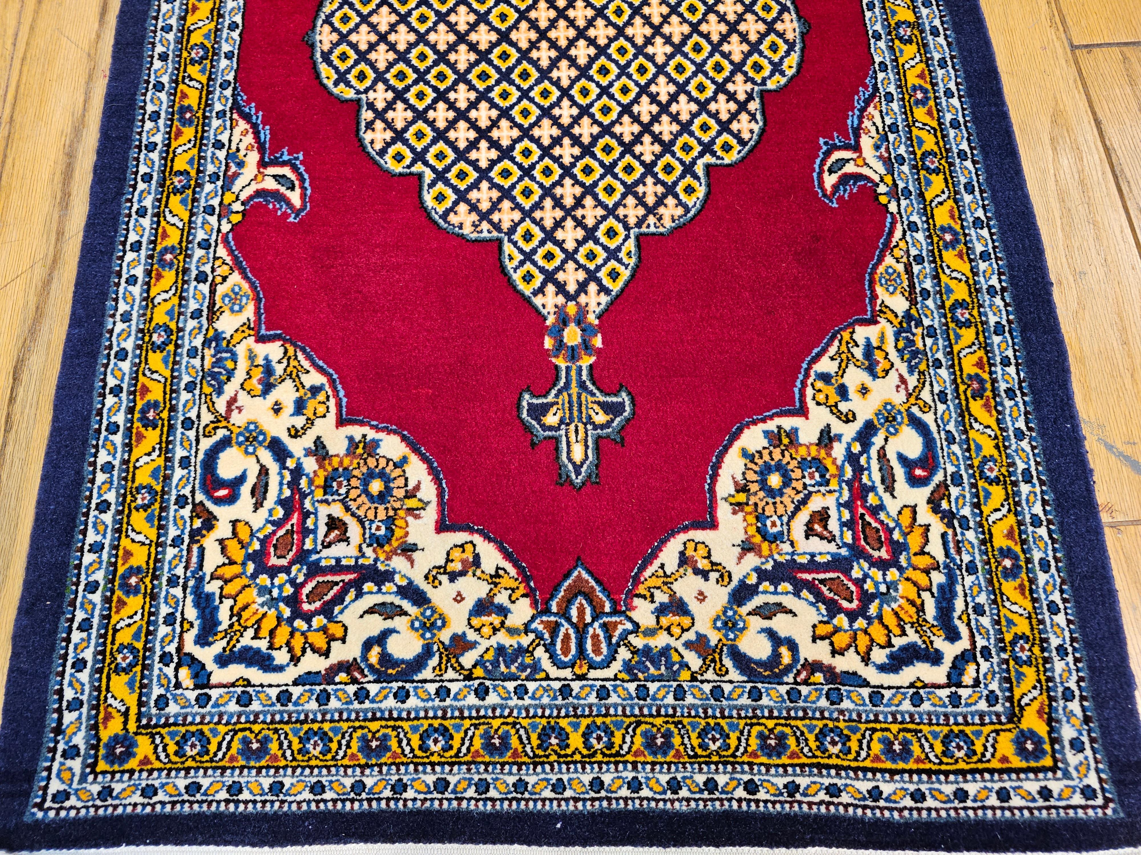 Hand-Woven Vintage Persian Qum Area Rug in a Geometric Pattern in Red, Navy, Ivory, Yellow For Sale