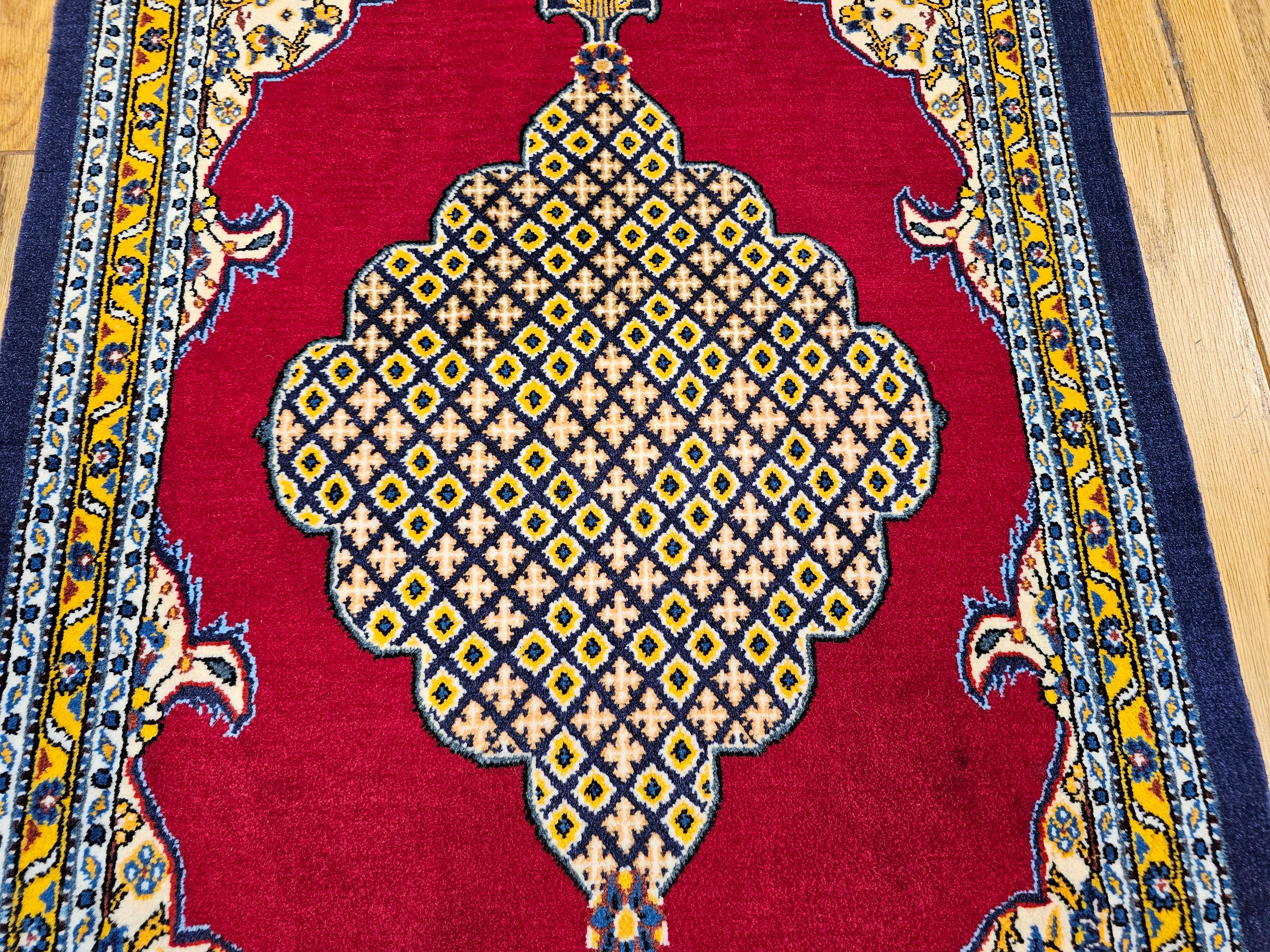 Vintage Persian Qum Area Rug in a Geometric Pattern in Red, Navy, Ivory, Yellow In Good Condition For Sale In Barrington, IL