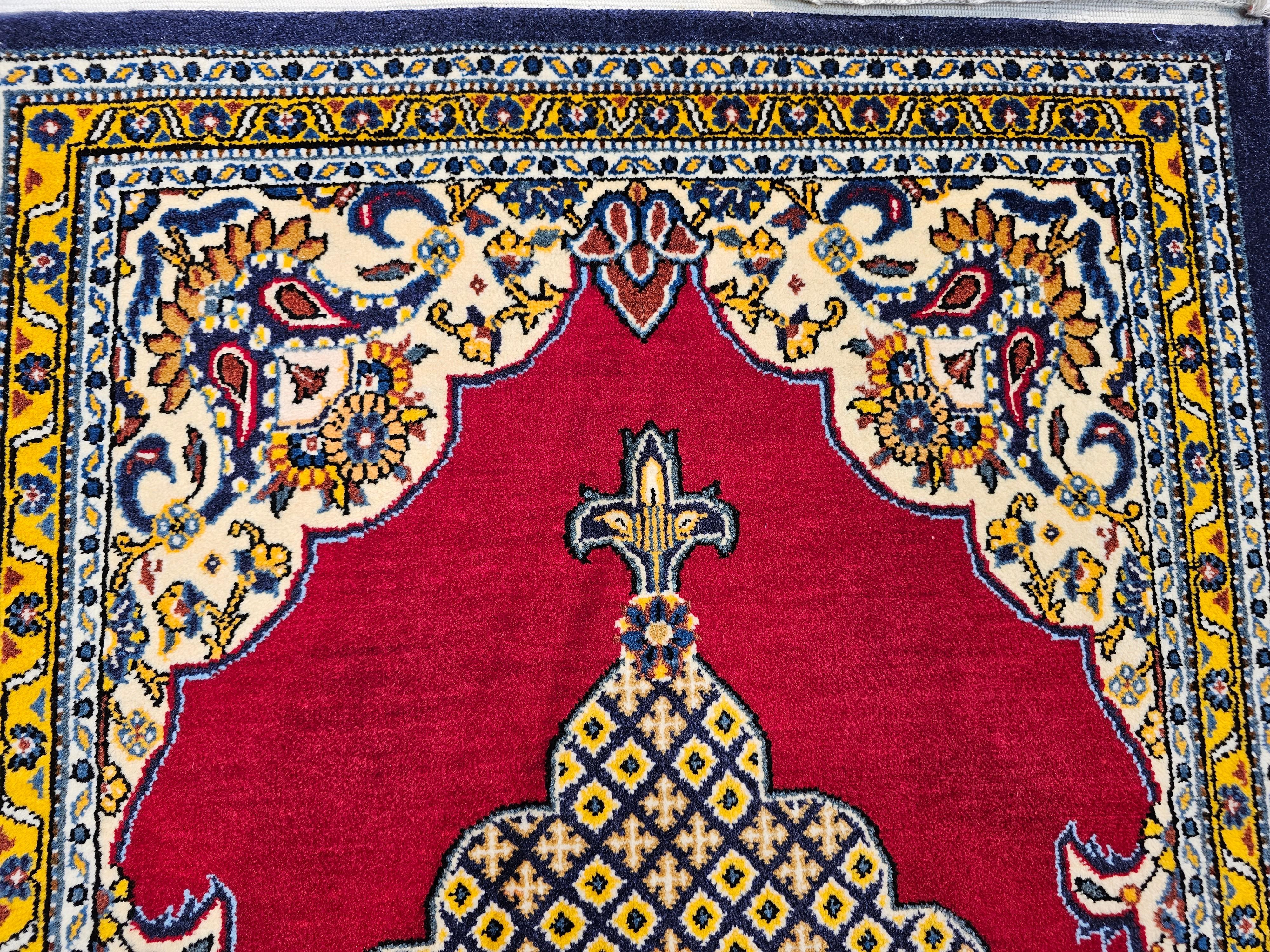 19th Century Vintage Persian Qum Area Rug in a Geometric Pattern in Red, Navy, Ivory, Yellow For Sale