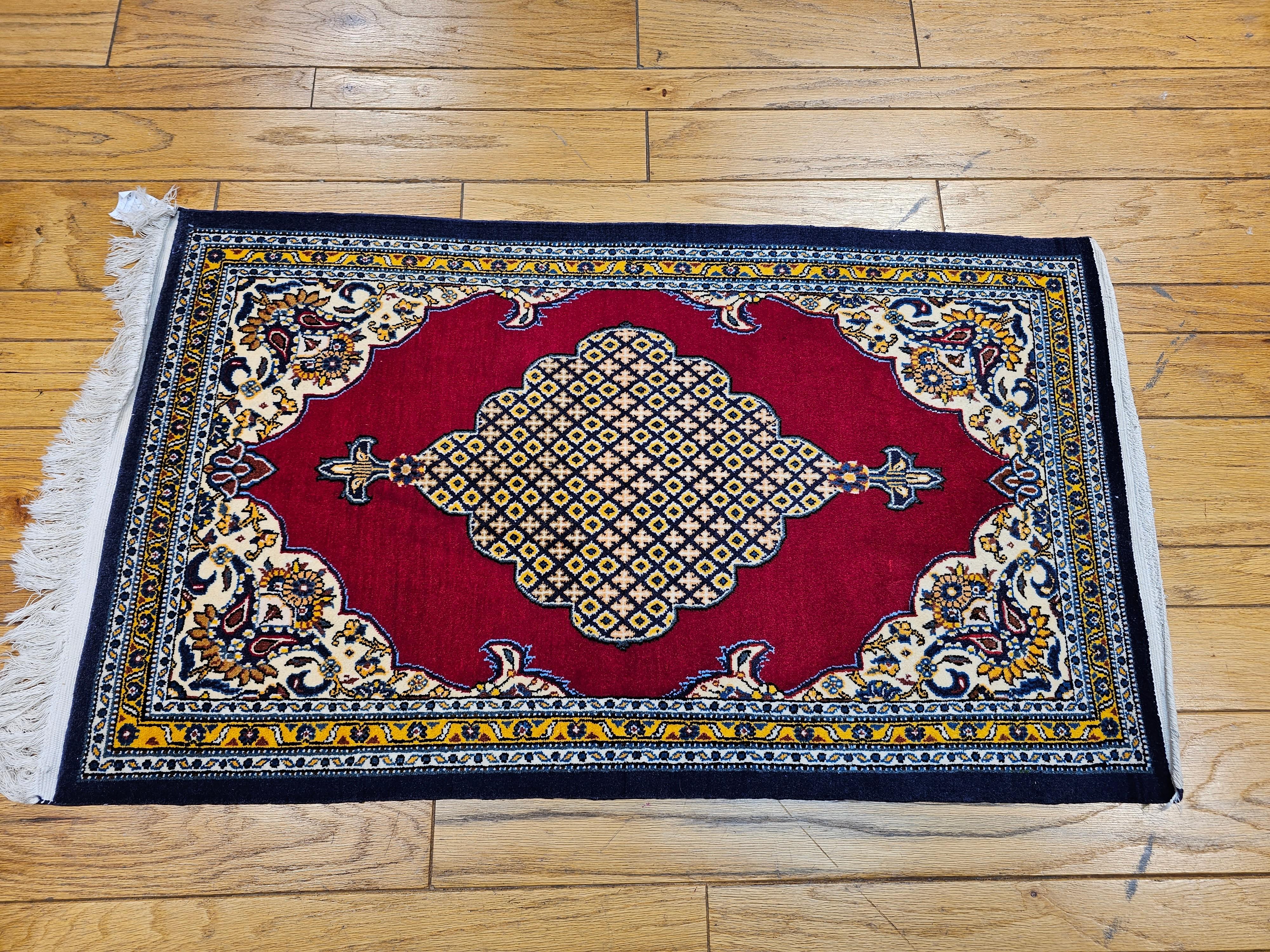 Vintage Persian Qum Area Rug in a Geometric Pattern in Red, Navy, Ivory, Yellow For Sale 2