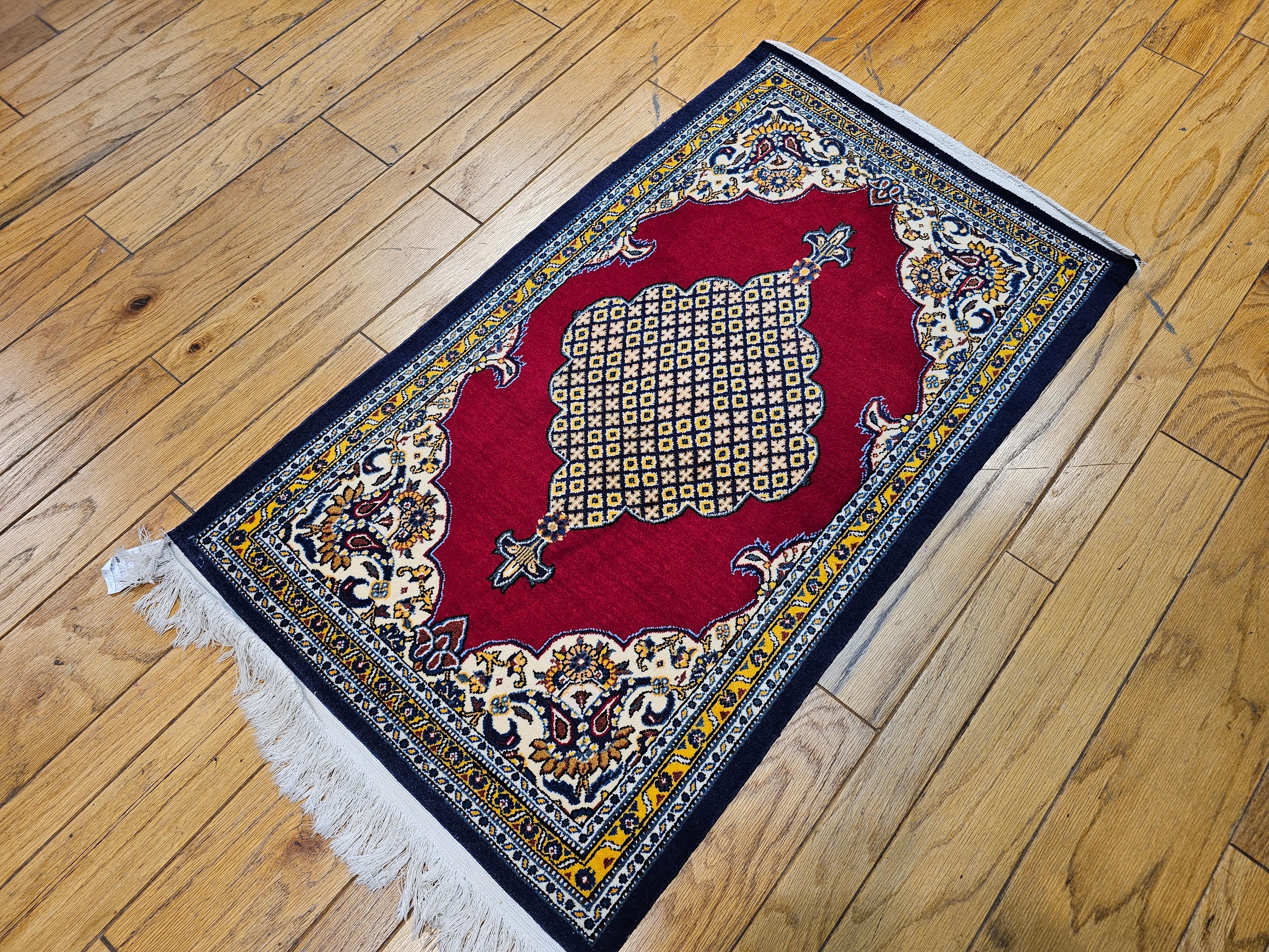 Vintage Persian Qum Area Rug in a Geometric Pattern in Red, Navy, Ivory, Yellow For Sale 3