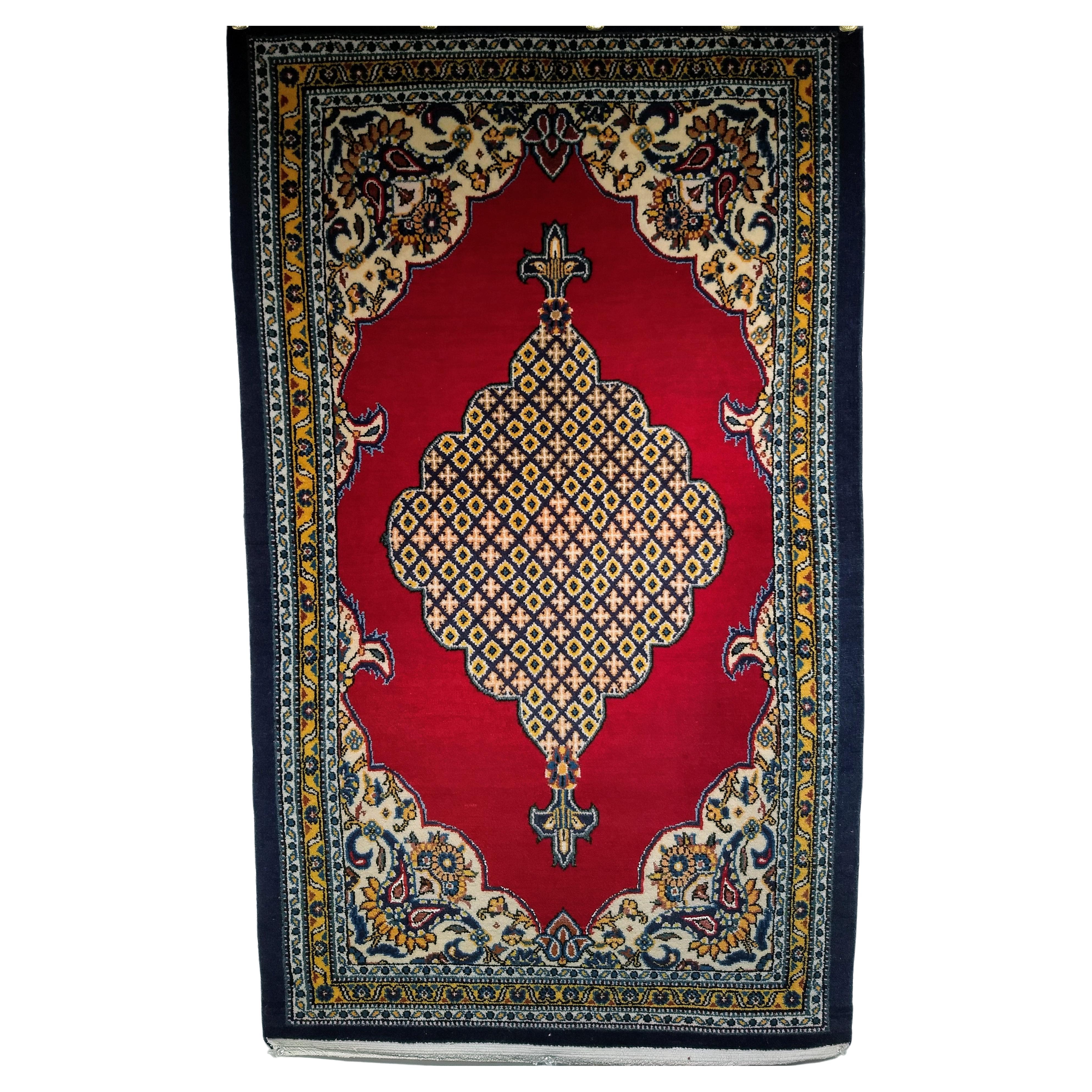 Vintage Persian Qum Area Rug in a Geometric Pattern in Red, Navy, Ivory, Yellow For Sale