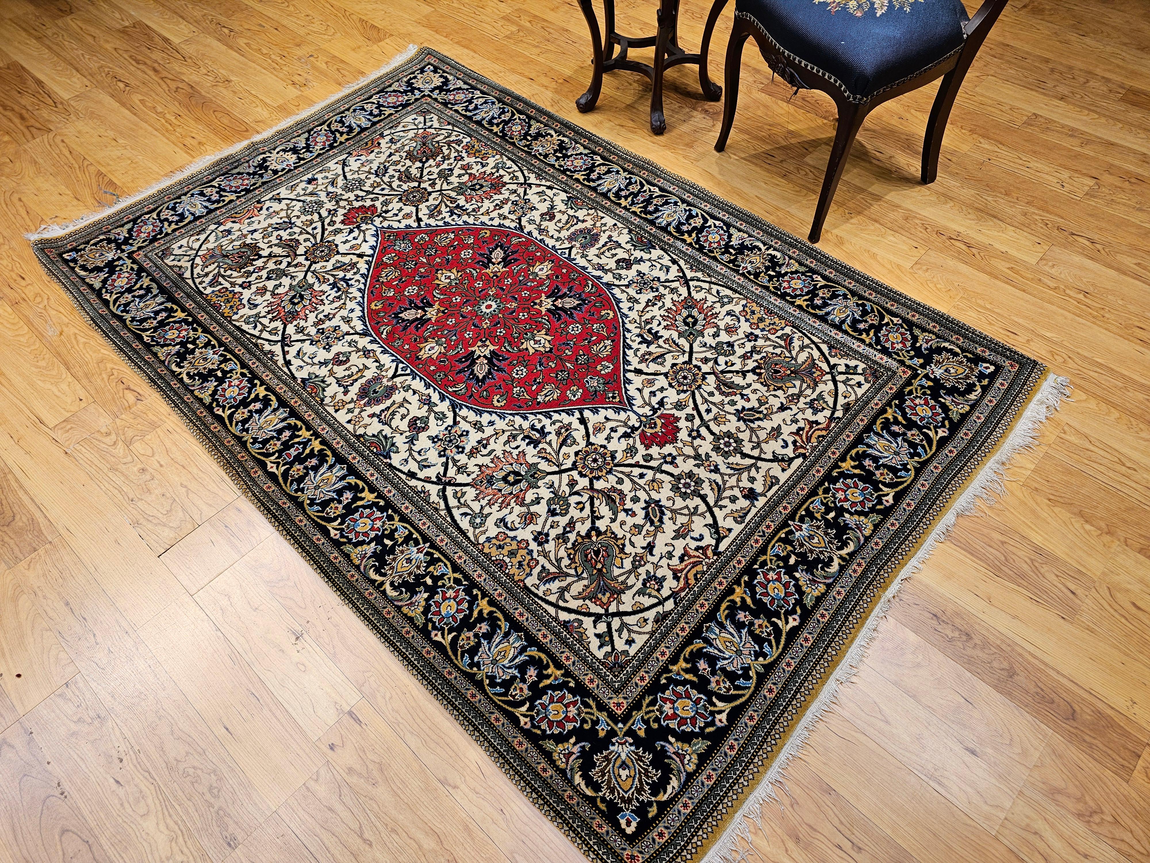 Vintage Persian Qum Vorleger mit Blumenmuster in Elfenbein, Rd, Indigo im Angebot 6