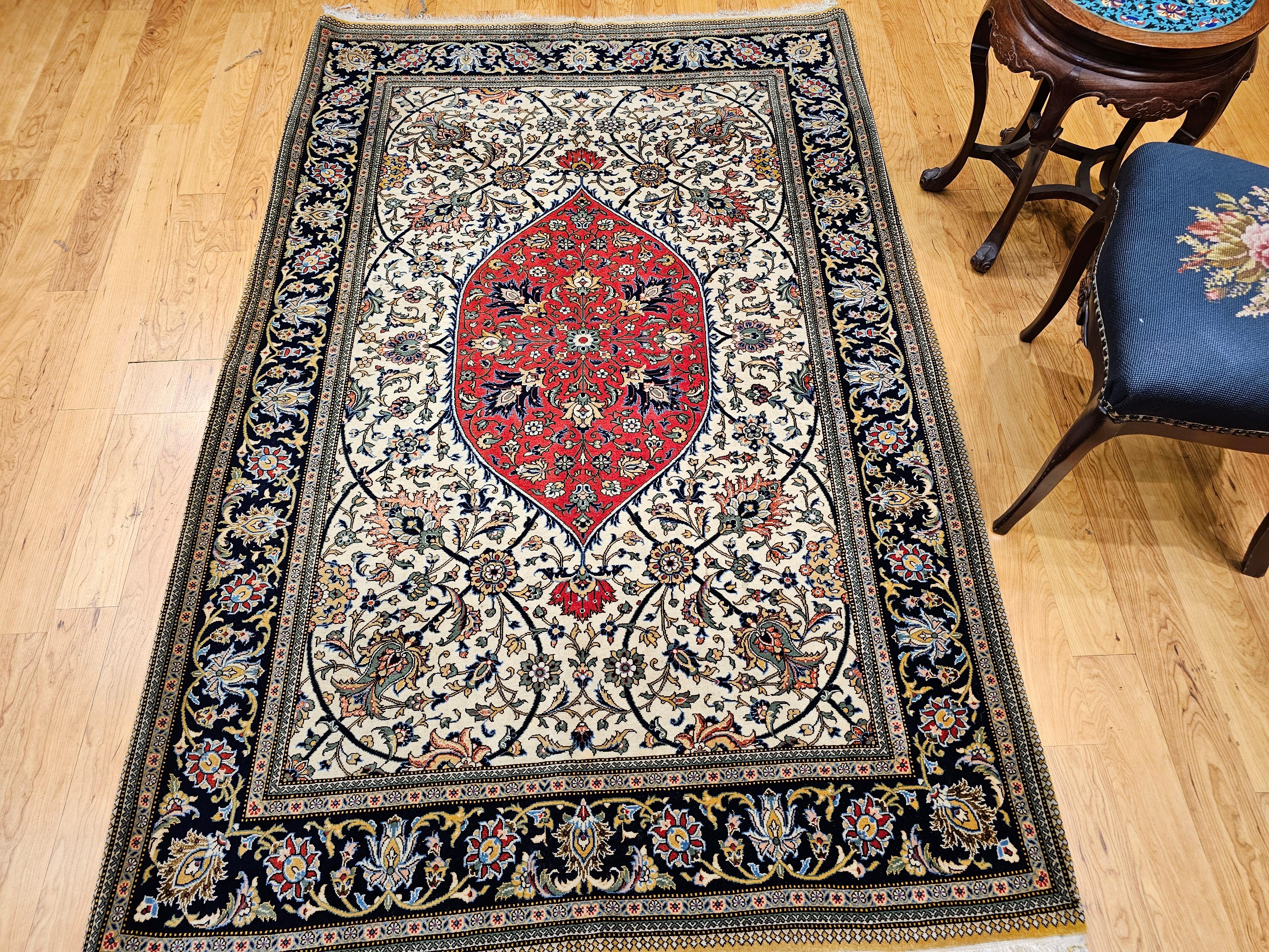 Vintage Persian Qum Vorleger mit Blumenmuster in Elfenbein, Rd, Indigo im Angebot 7