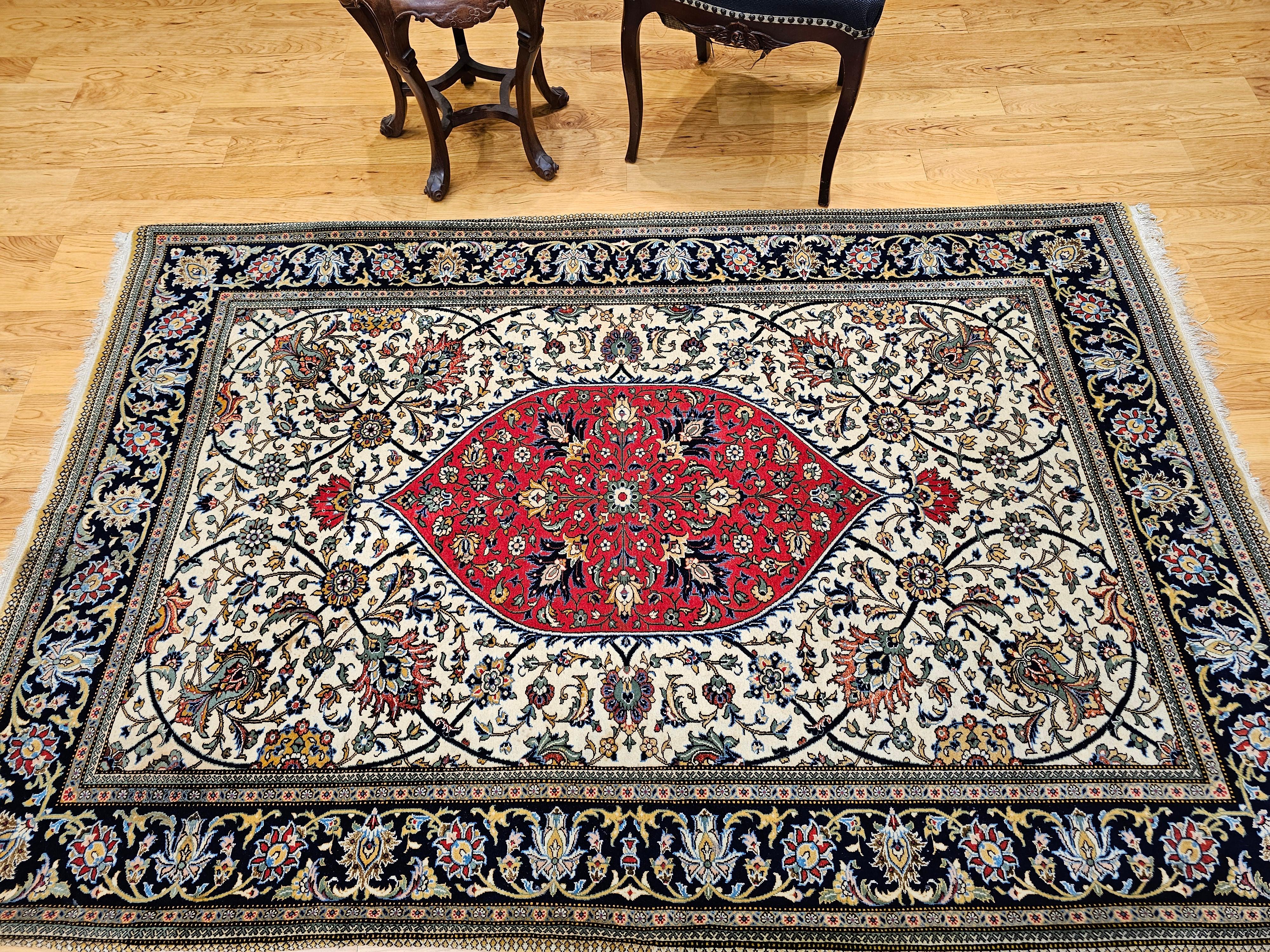 Vintage Persian Qum Vorleger mit Blumenmuster in Elfenbein, Rd, Indigo im Angebot 9