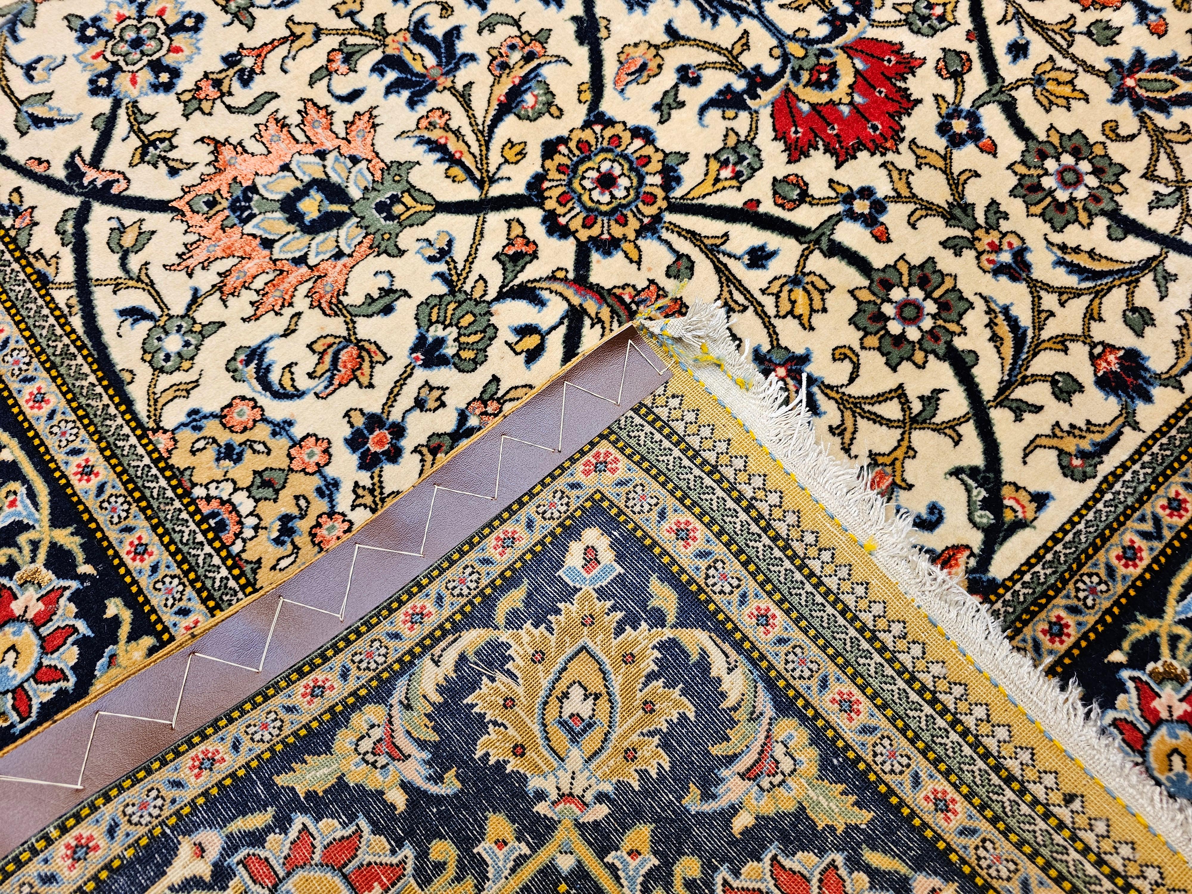 Vintage Persian Qum Area Rug in Floral Pattern in Ivory, Red, Indigo, Yellow For Sale 6