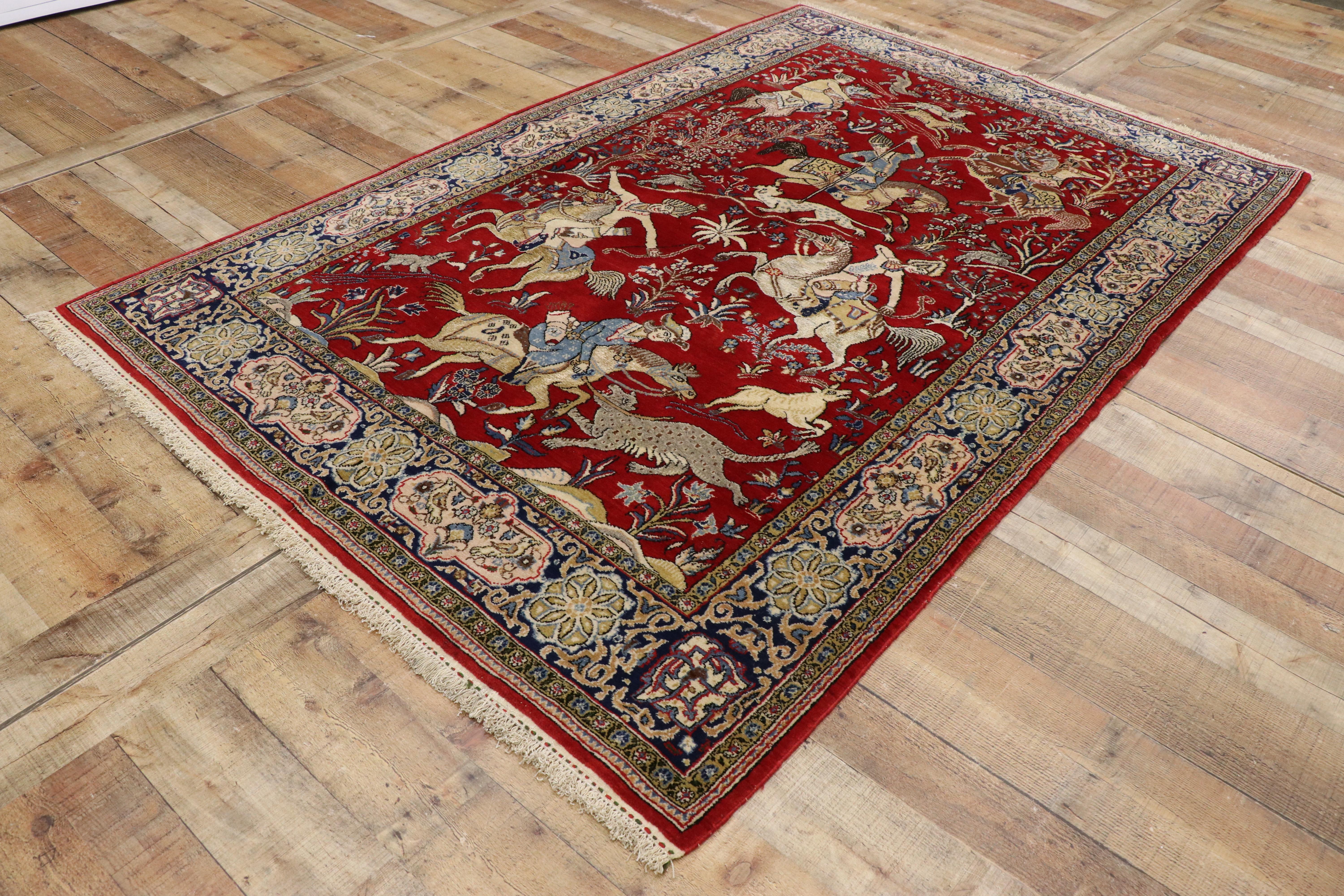 Wool Vintage Persian Qum Pictorial Rug, Medieval Style Tapestry, Hunting Carpet