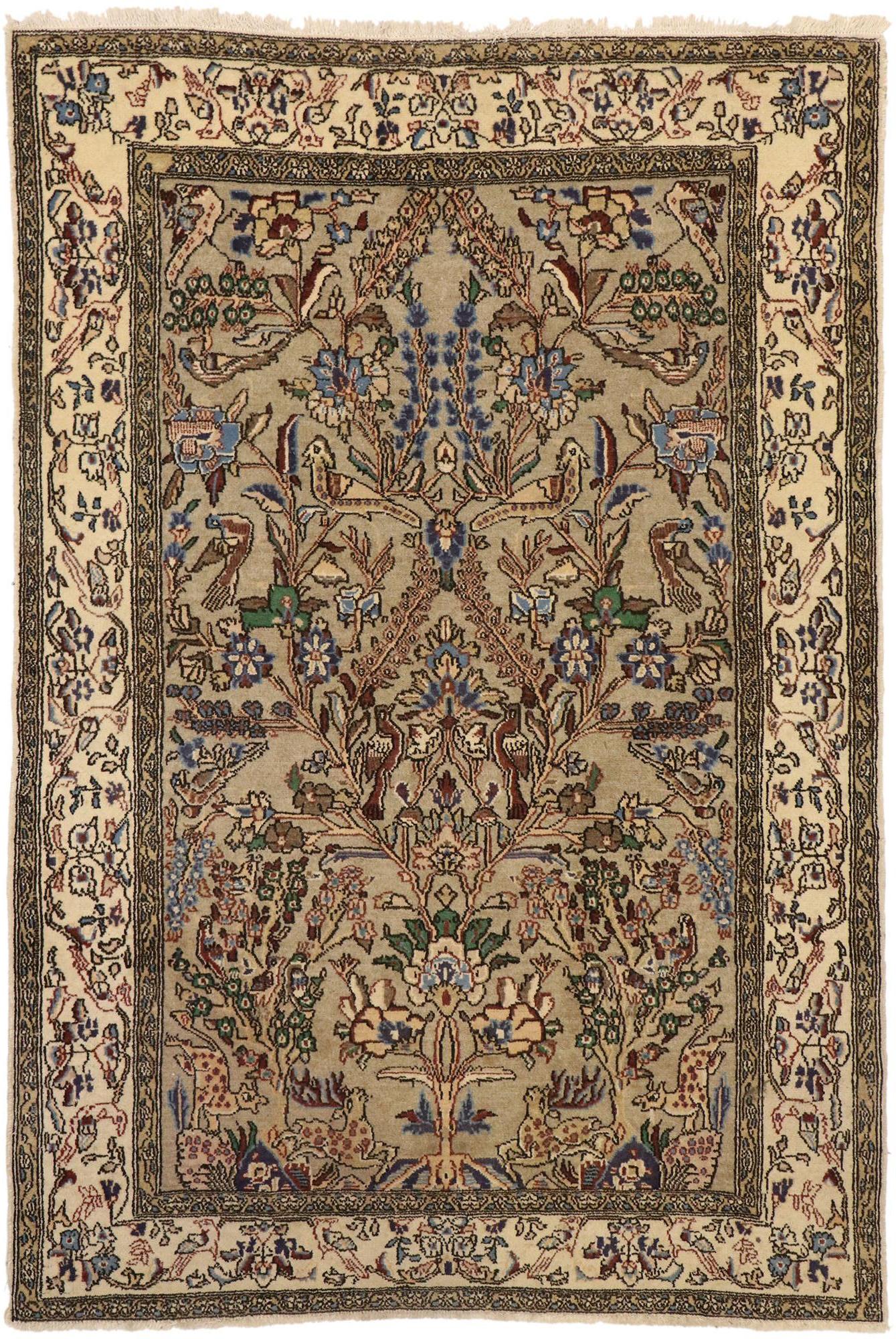 ​76430 Vintage Persian Qum Pictorial Tree of Life Area Rug with Arts and Crafts Style 03'05 x 05'00. The architectural elements of naturalistic forms combined with Arts & Crafts style, this hand knotted wool vintage Persian Qum pictorial rug
