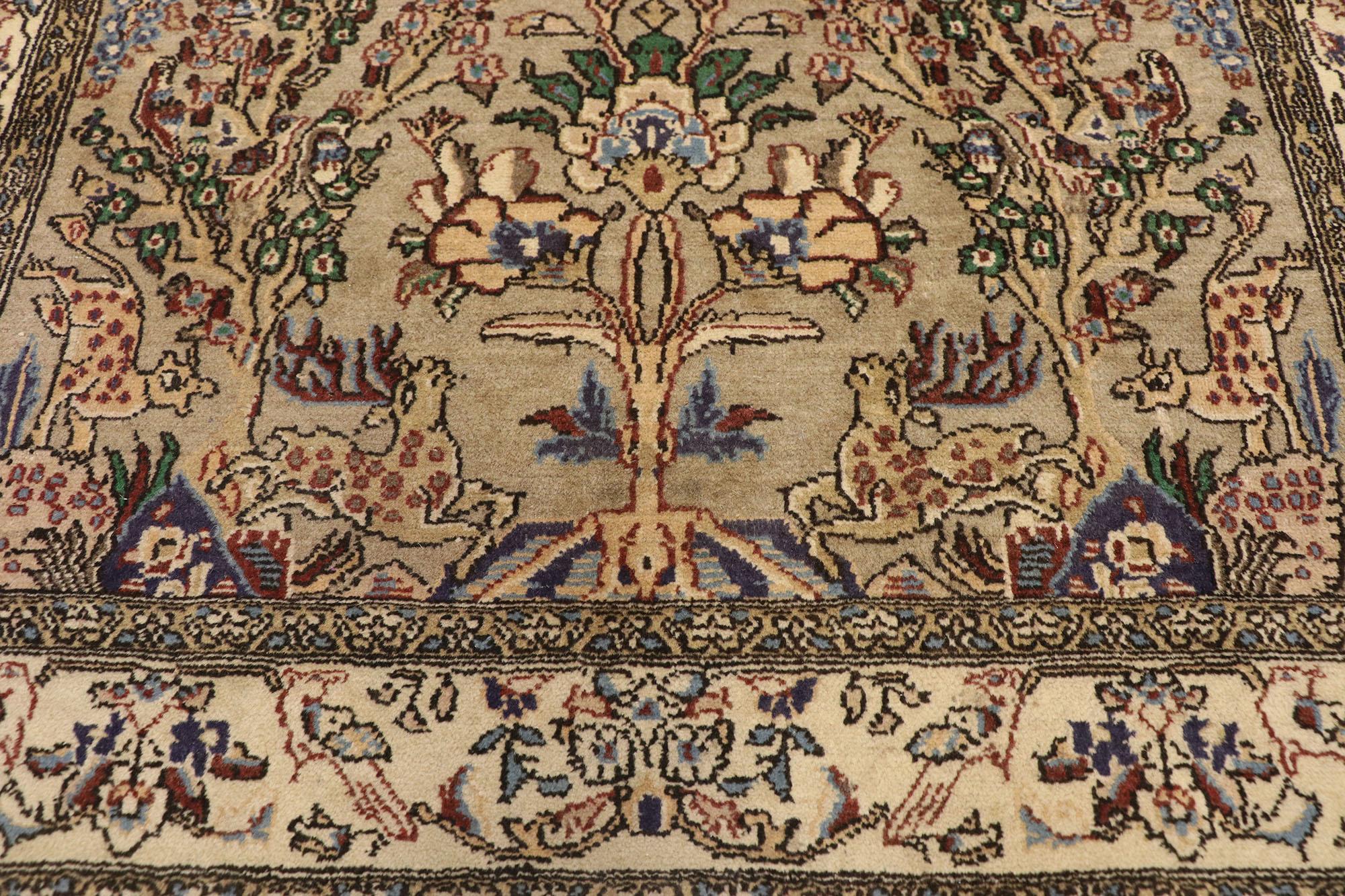 Hand-Knotted Vintage Persian Qum Pictorial Tree of Life Area Rug with Arts and Crafts Style