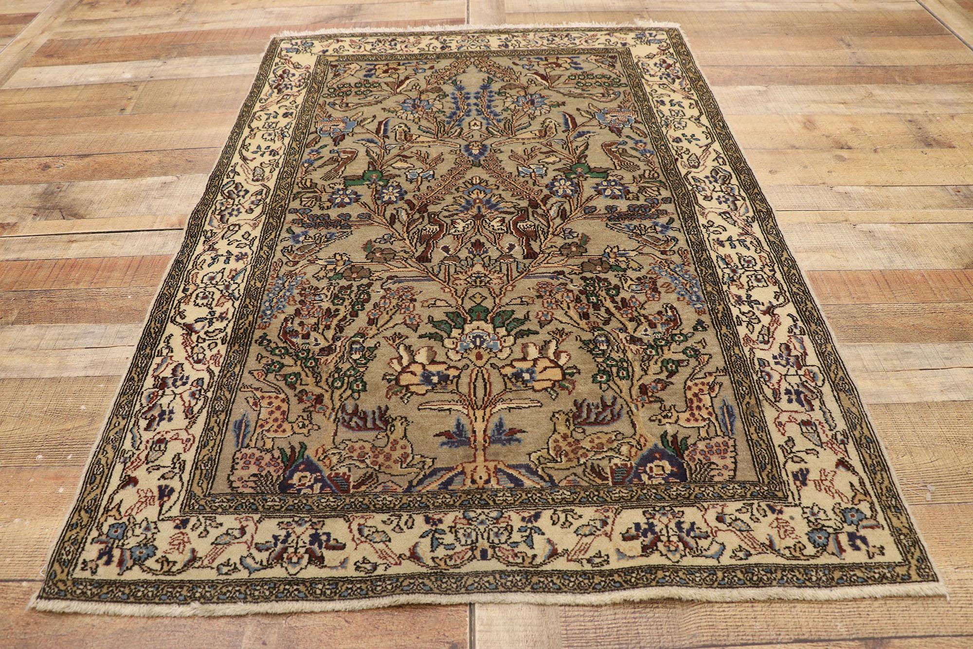 Wool Vintage Persian Qum Pictorial Tree of Life Area Rug with Arts and Crafts Style