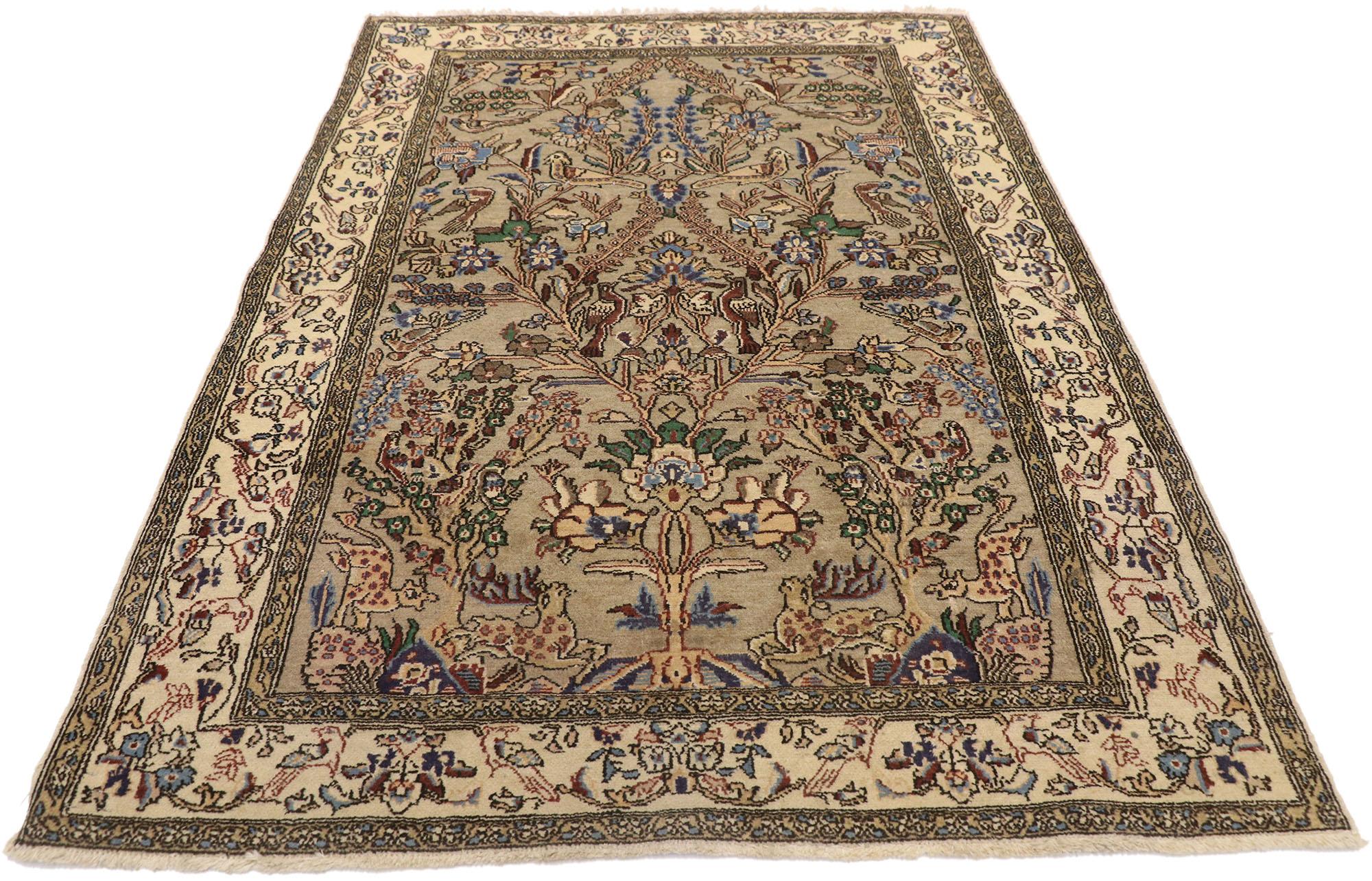 Mid-Century Modern Vintage Persian Qum Pictorial Tree of Life Area Rug with Arts and Crafts Style
