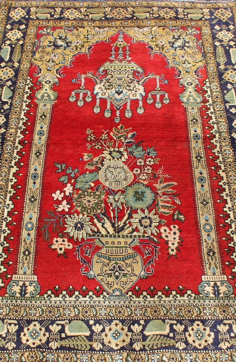 Wool Vintage Persian Qum Prayer Rug in Bright Red with Floral Bouquet Chandelier
