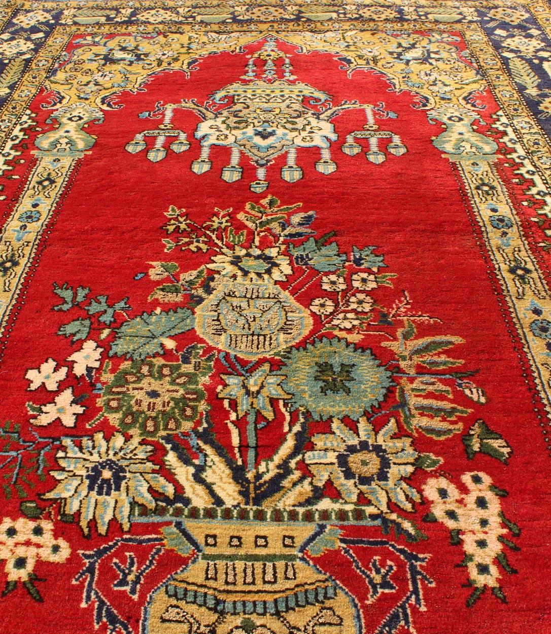 Vintage Persian Qum Prayer Rug in Bright Red with Floral Bouquet Chandelier 1