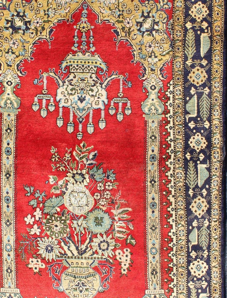 Vintage Persian Qum Prayer Rug in Bright Red with Floral Bouquet ...