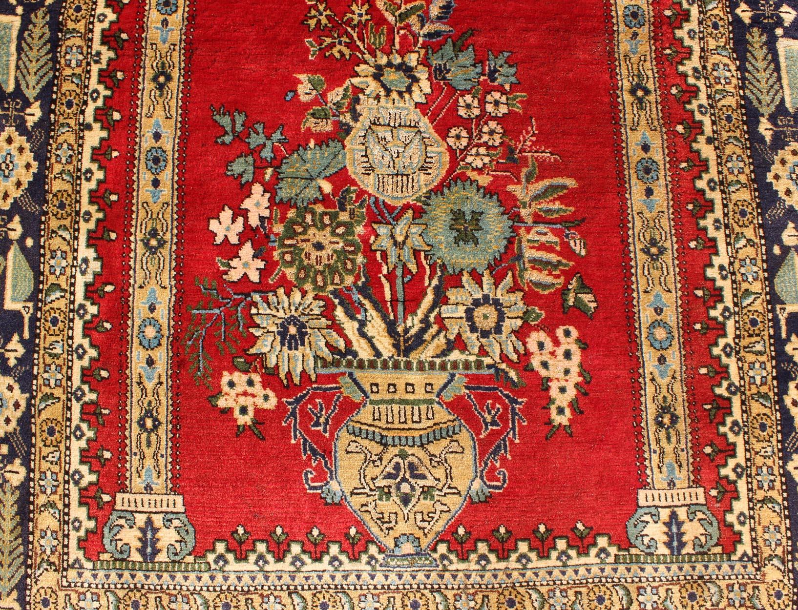 Tribal Vintage Persian Qum Prayer Rug in Bright Red with Floral Bouquet Chandelier