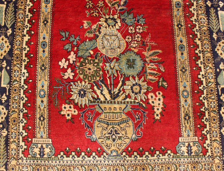 Vintage Persian Qum Prayer Rug in Bright Red with Floral Bouquet ...