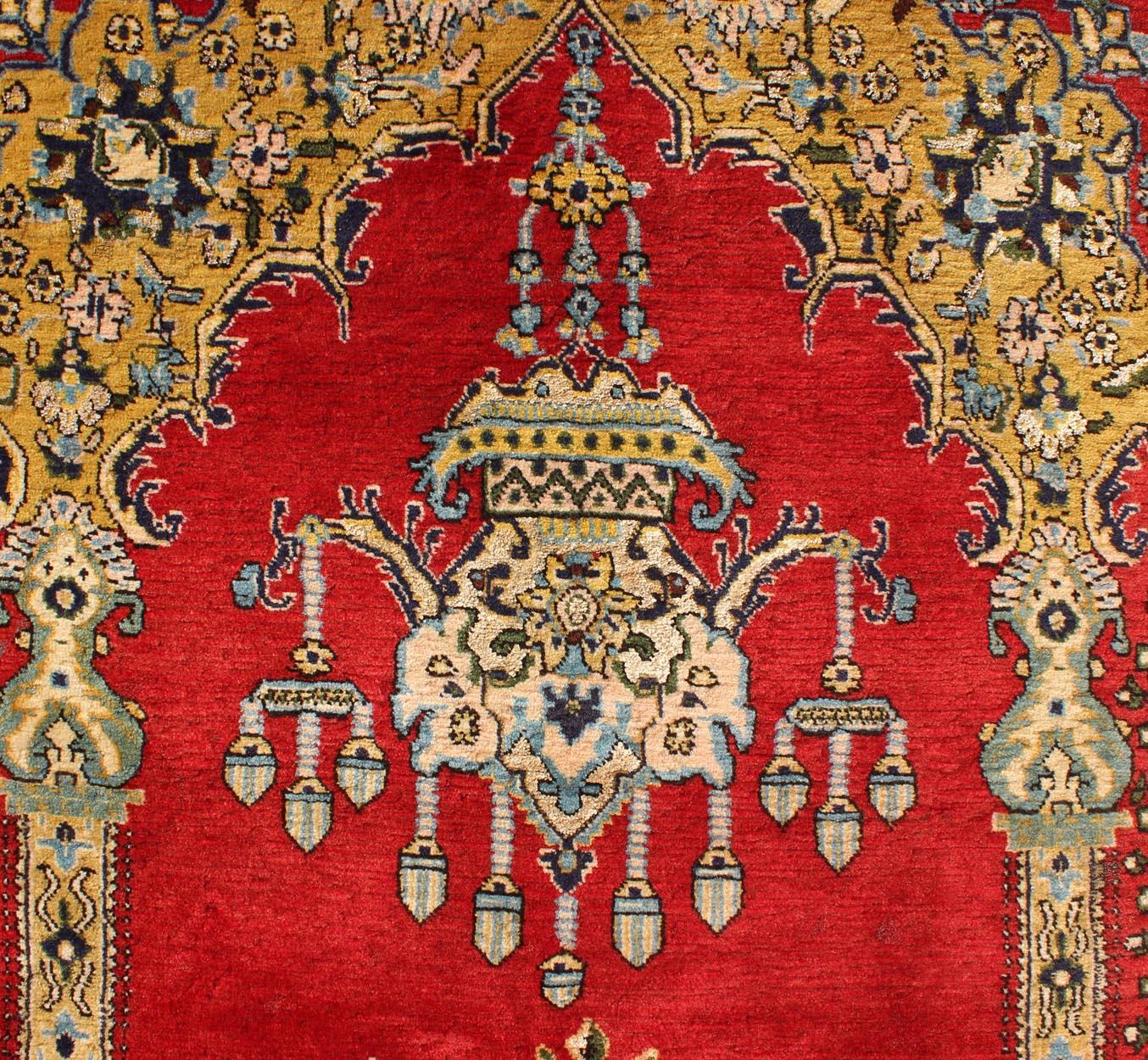 Hand-Knotted Vintage Persian Qum Prayer Rug in Bright Red with Floral Bouquet Chandelier
