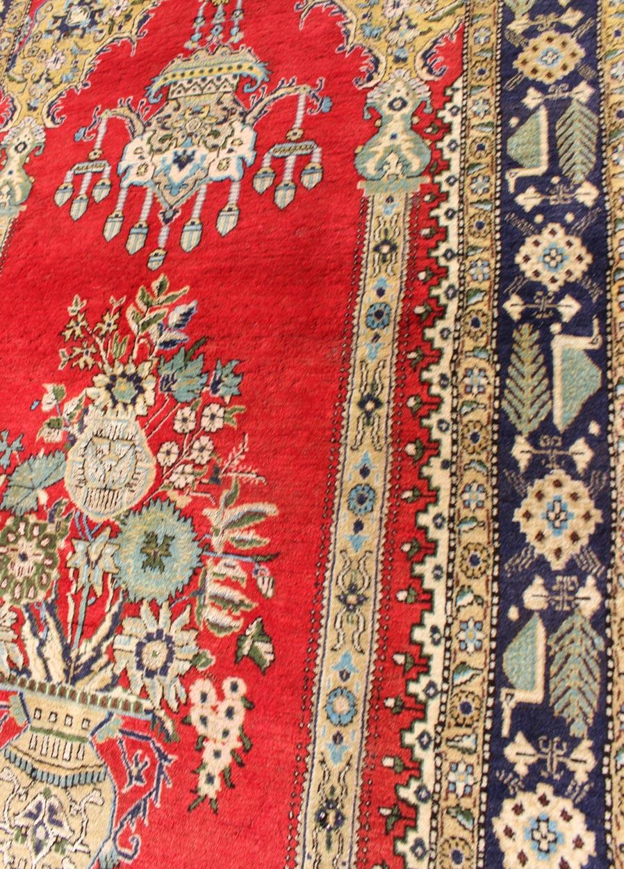 Mid-20th Century Vintage Persian Qum Prayer Rug in Bright Red with Floral Bouquet Chandelier