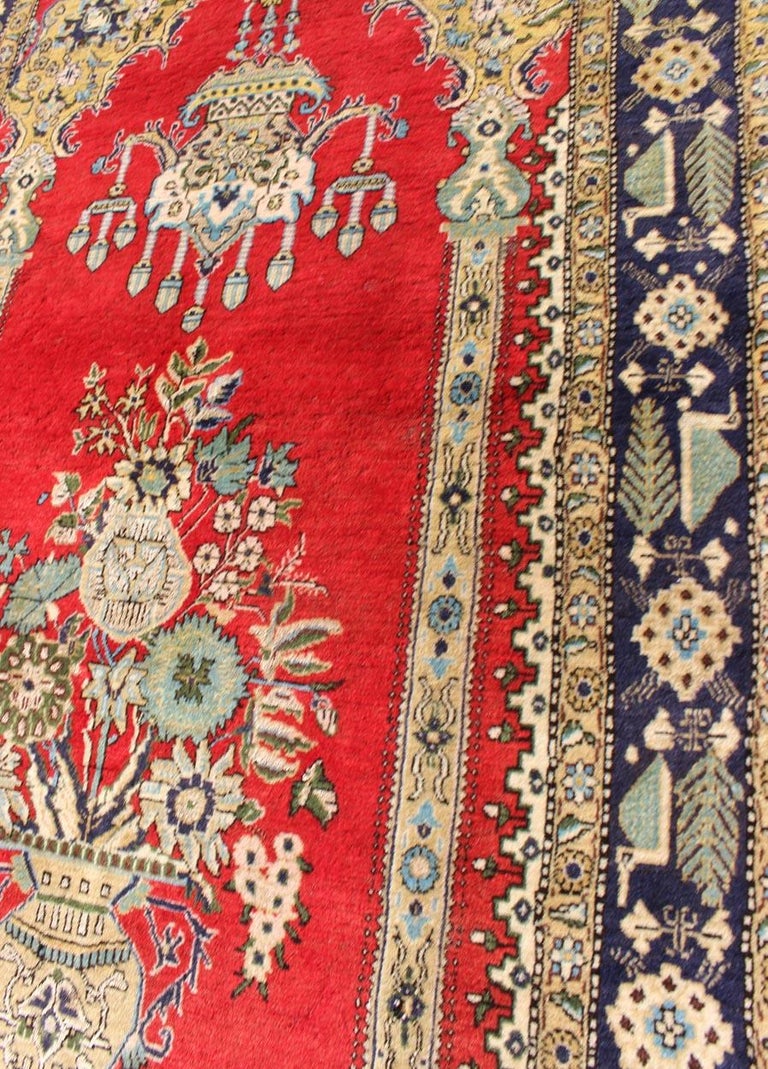 Vintage Persian Qum Prayer Rug in Bright Red with Floral Bouquet ...