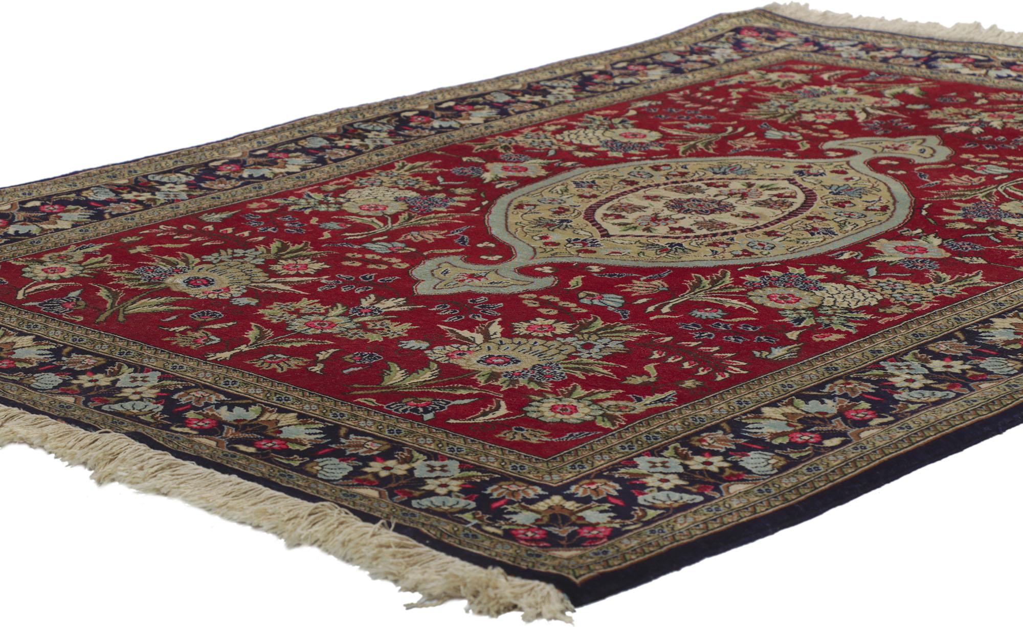78220 Vintage Persian Qum Rug, 03'08 x 05'03.
Rendered in variegated shades of ruby red, navy blue, sky blue, brown, dark green, light green, taupe, rose, tan, pink, sand, and beige with other accent colors. Desirable Age Wear. Abrash. Hand-knotted