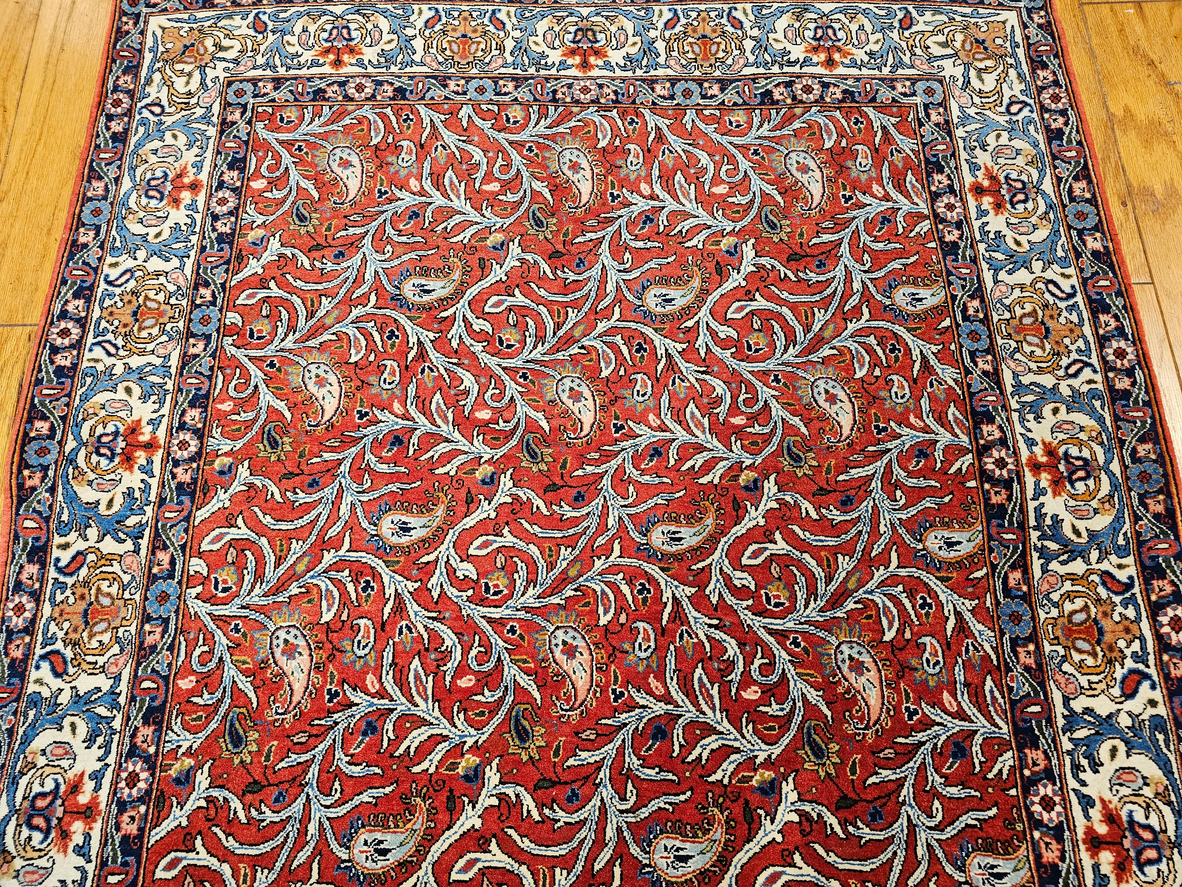 Hand-Knotted Vintage Persian Qum Rug in Allover Paisleys Pattern in Brick Red, Ivory, Blue For Sale