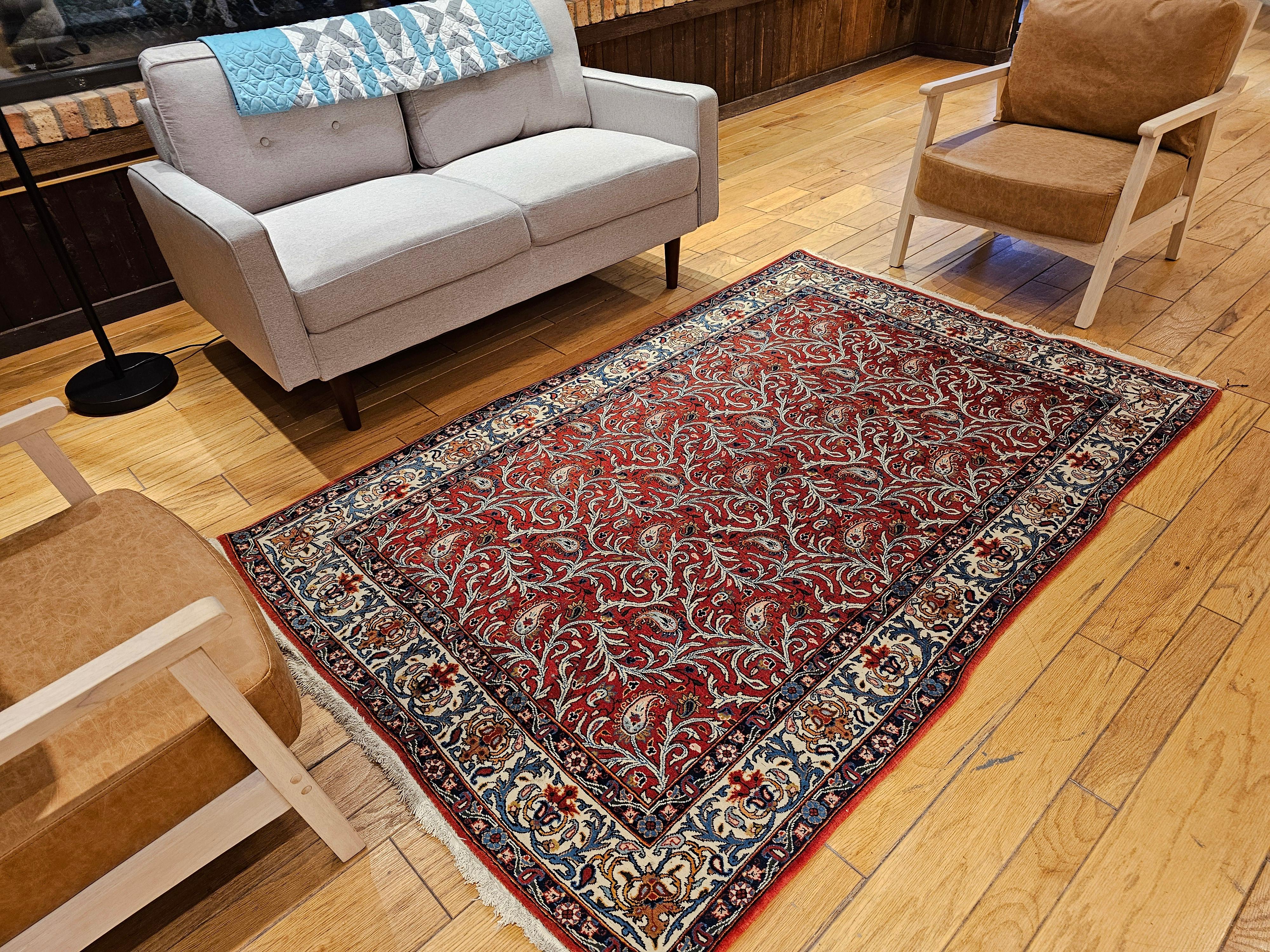 Tapis persan vintage Qum à motif cachemire intégral en rouge brique, ivoire et bleu en vente 7