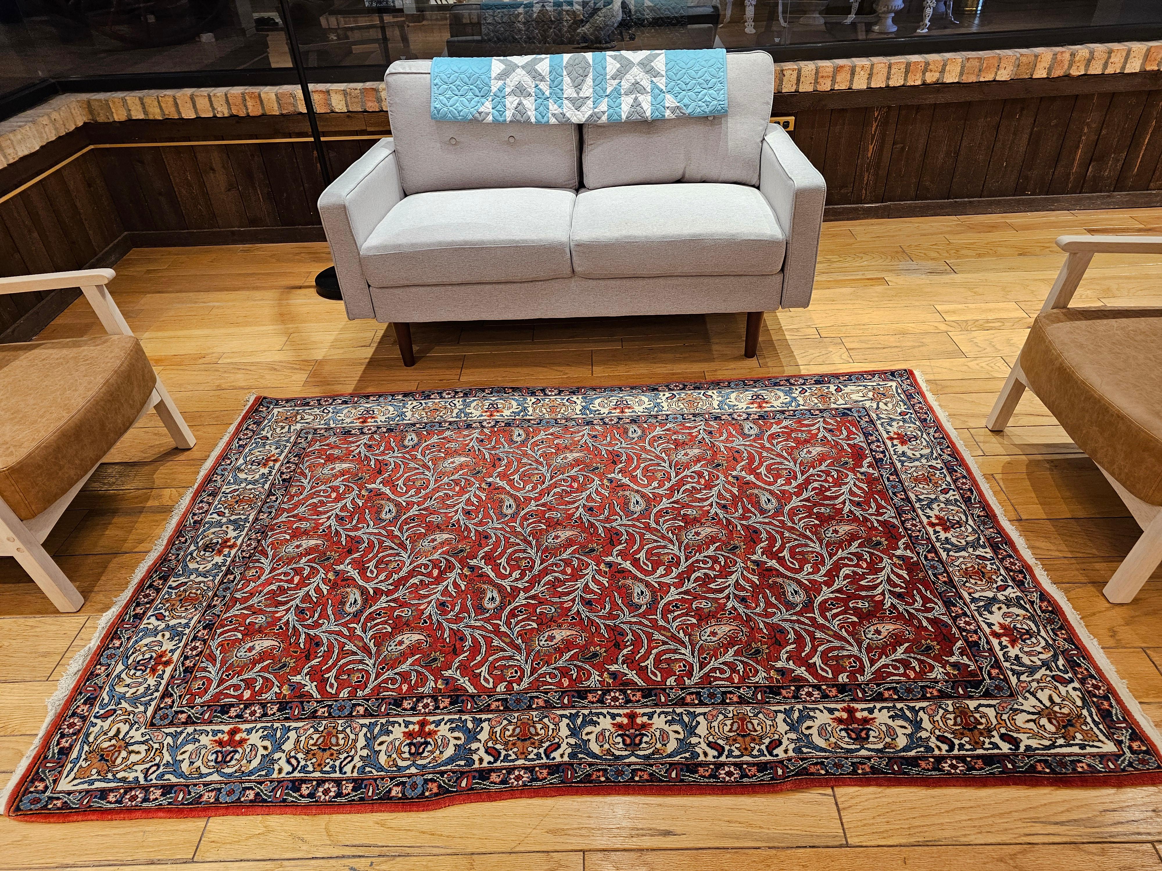 Tapis persan vintage Qum à motif cachemire intégral en rouge brique, ivoire et bleu en vente 8