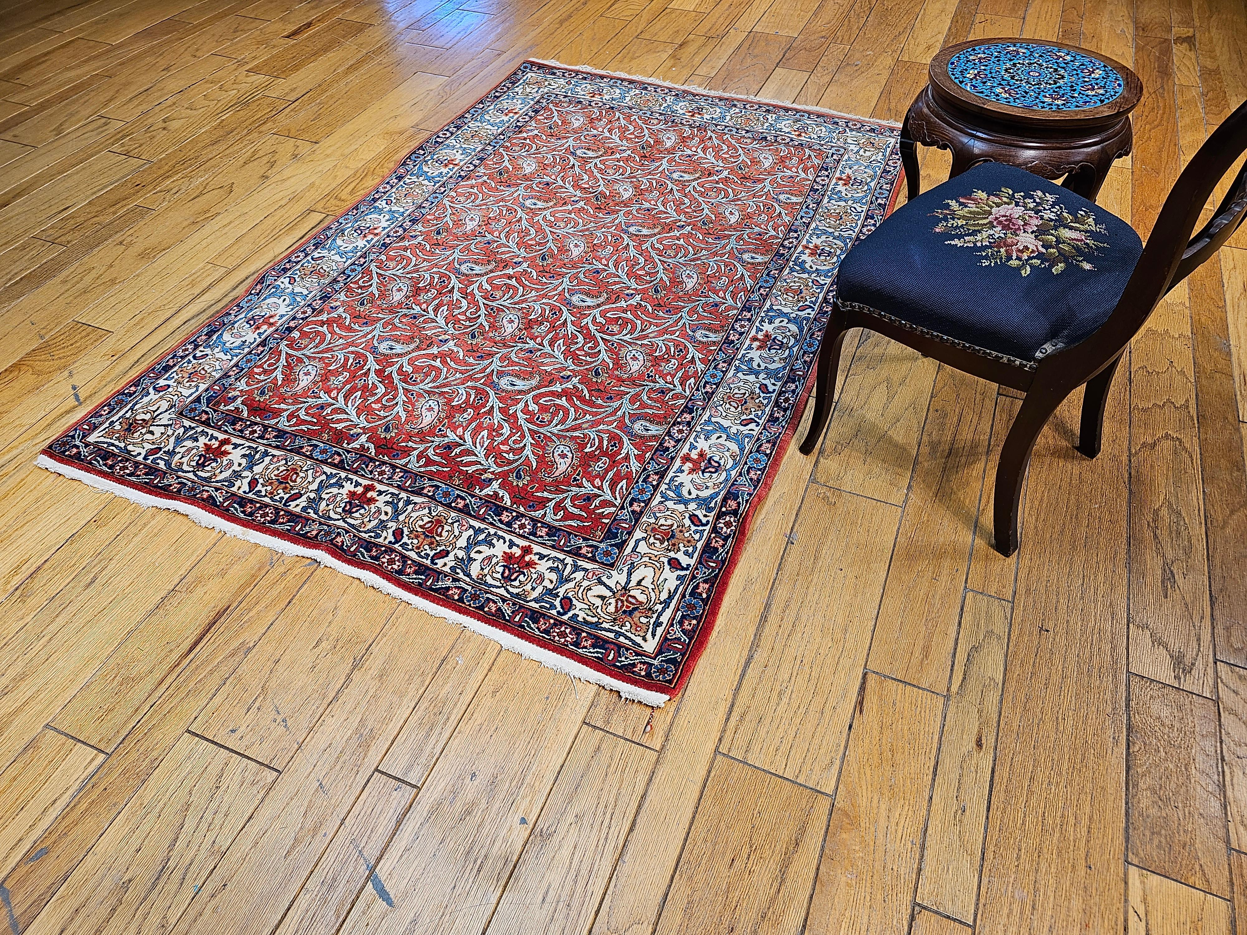 Vintage Persian Qum Rug in Allover Paisleys Pattern in Brick Red, Ivory, Blue For Sale 4