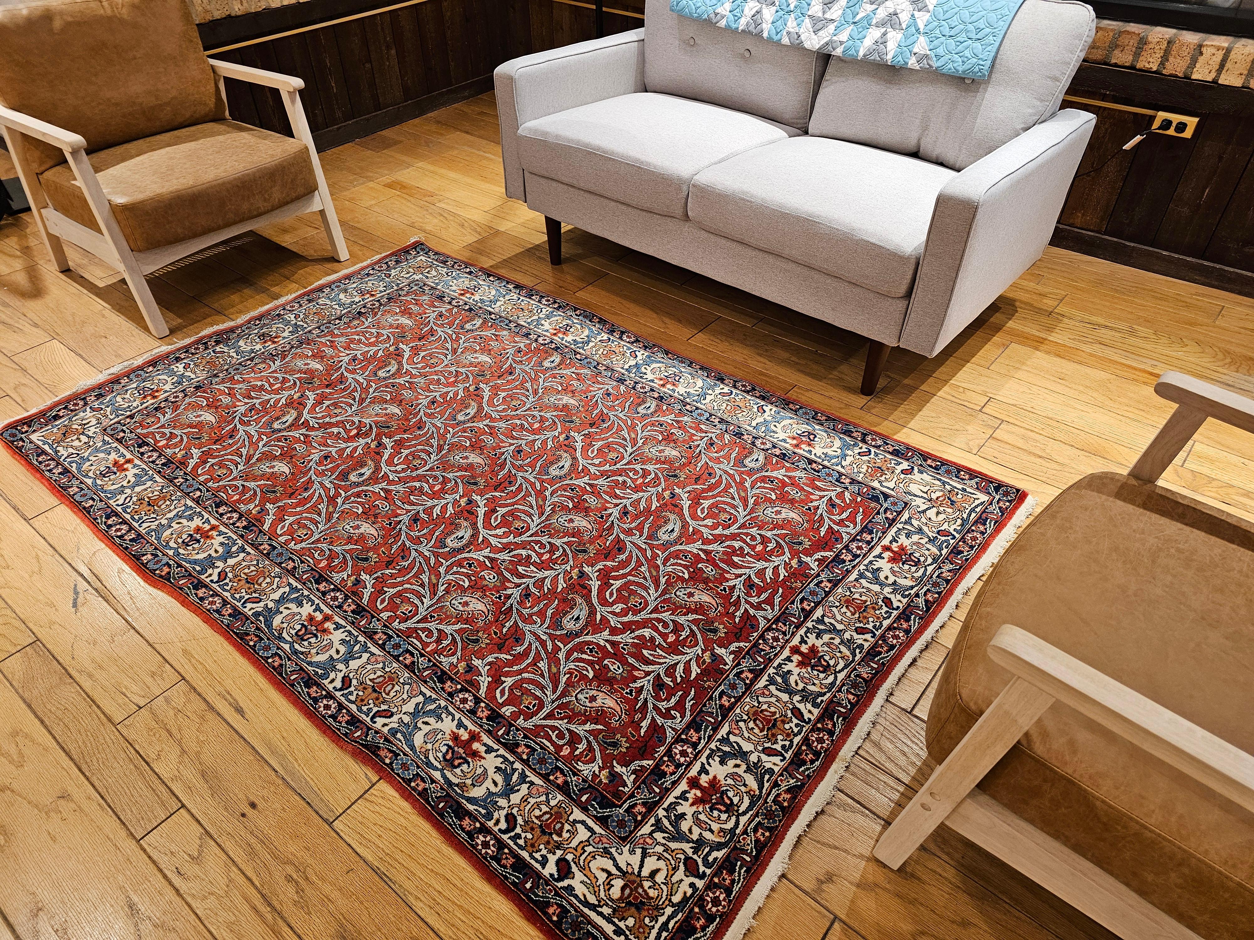 Tapis persan vintage Qum à motif cachemire intégral en rouge brique, ivoire et bleu en vente 9