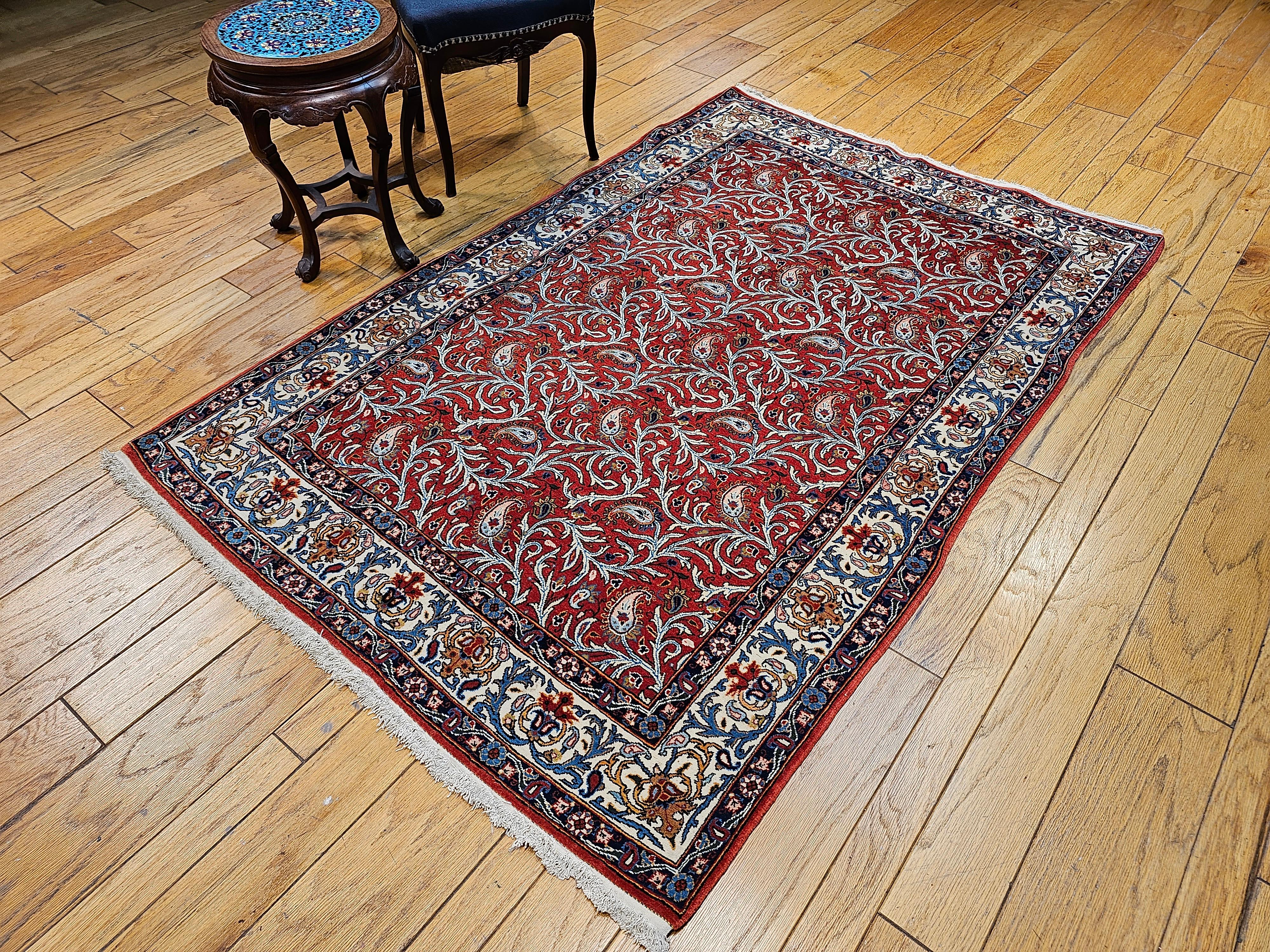 Vintage Persian Qum Rug in Allover Paisleys Pattern in Brick Red, Ivory, Blue For Sale 7