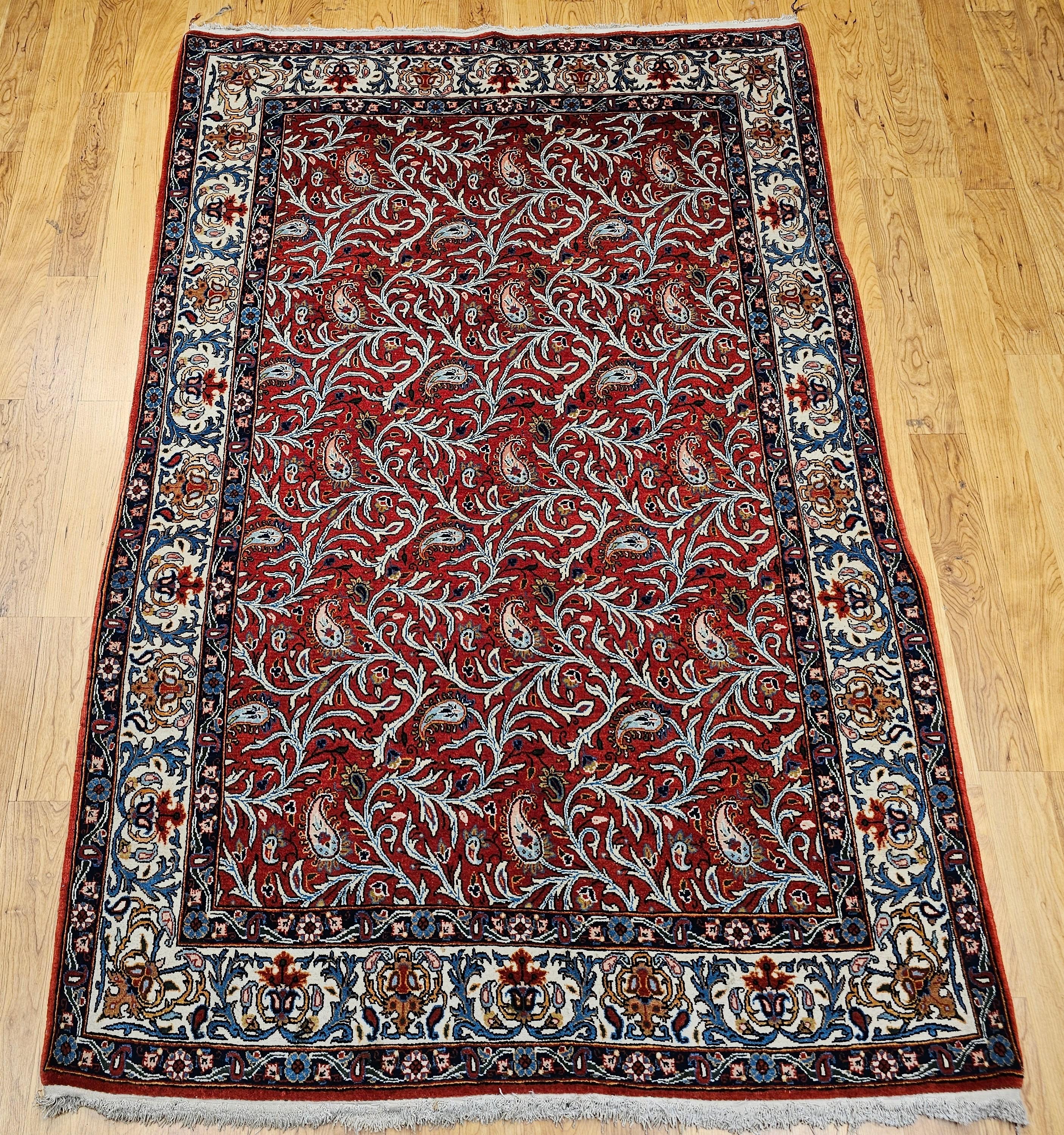 Tappeto persiano vintage Qum con motivo a paisleys in rosso mattone, avorio e blu in vendita 9