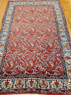 Vintage Persian Qum Rug in Allover Paisleys Pattern in Brick Red, Ivory, Blue