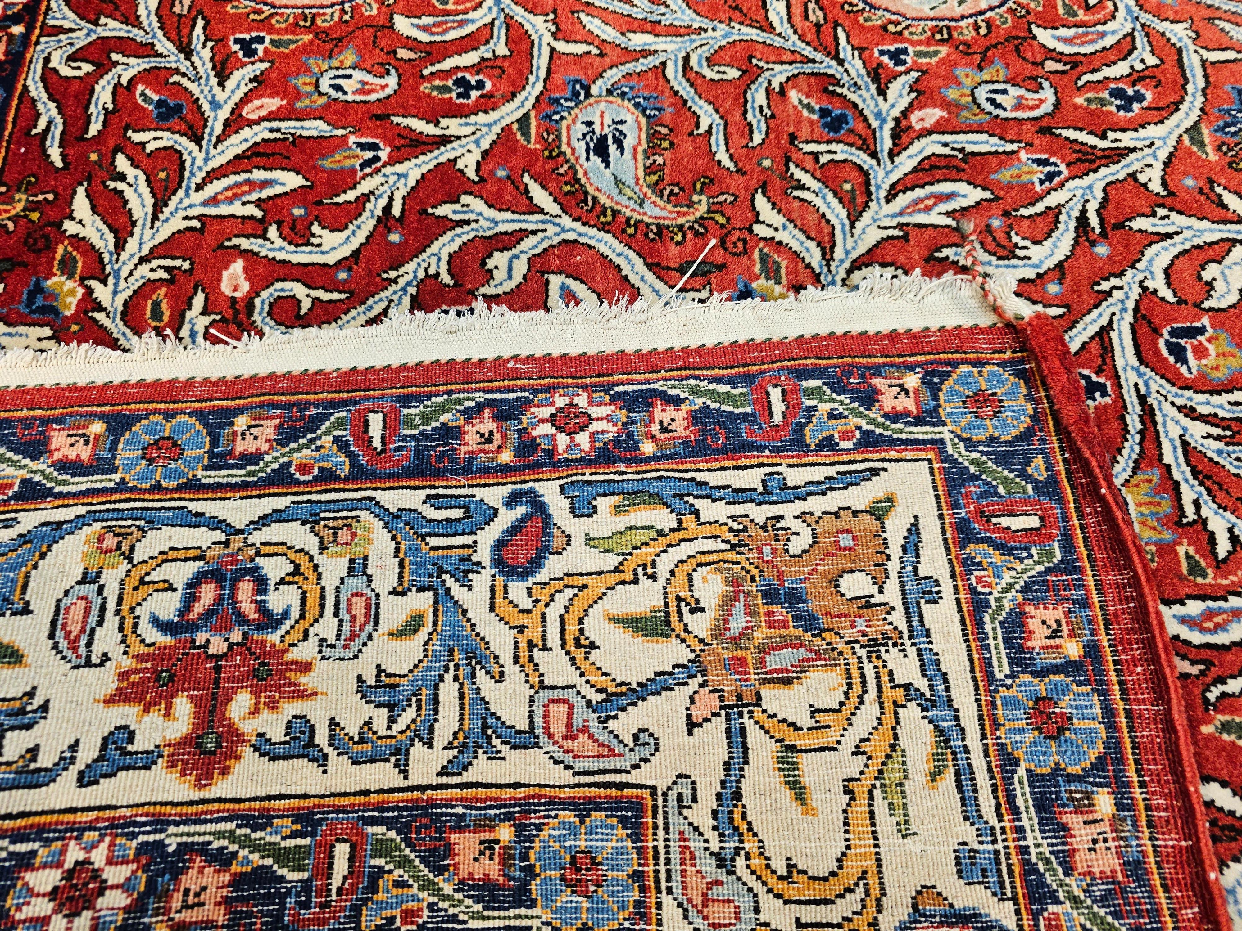 Tapis persan vintage Qum à motif cachemire intégral en rouge brique, ivoire et bleu en vente 10