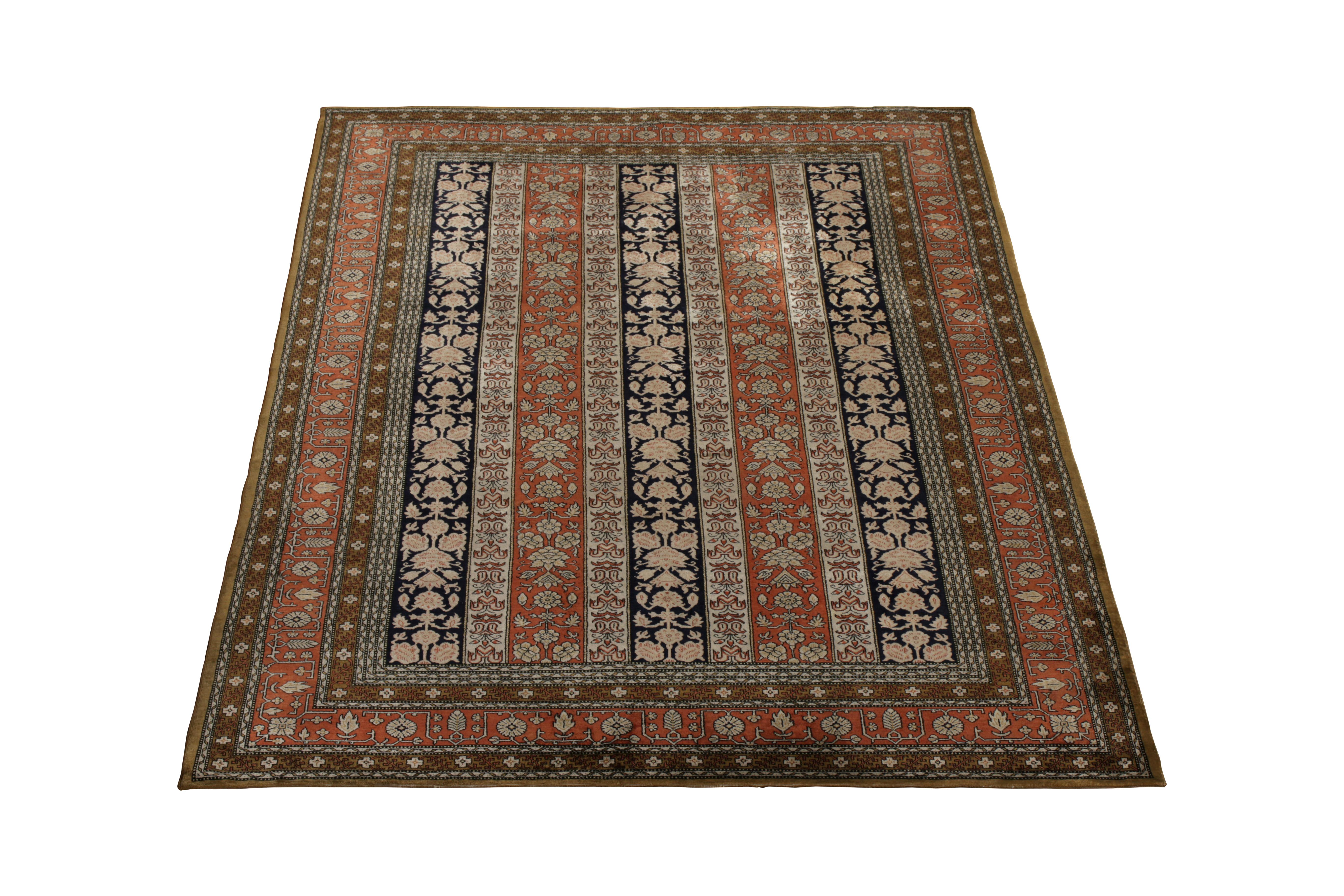 A rare vintage pair of 5x7 Persian Qum rugs, hand-knotted in lustrous silk circa 1950-1960. 

Further on the Design: 

Keen eyes will note bronze and cream tones in the prevalent brick red and black tones these works enjoy. Meticulous detail,