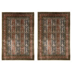 Vintage Persian Qum Rug Pair in Red & Beige-Brown Floral Pattern, by Rug & Kilim